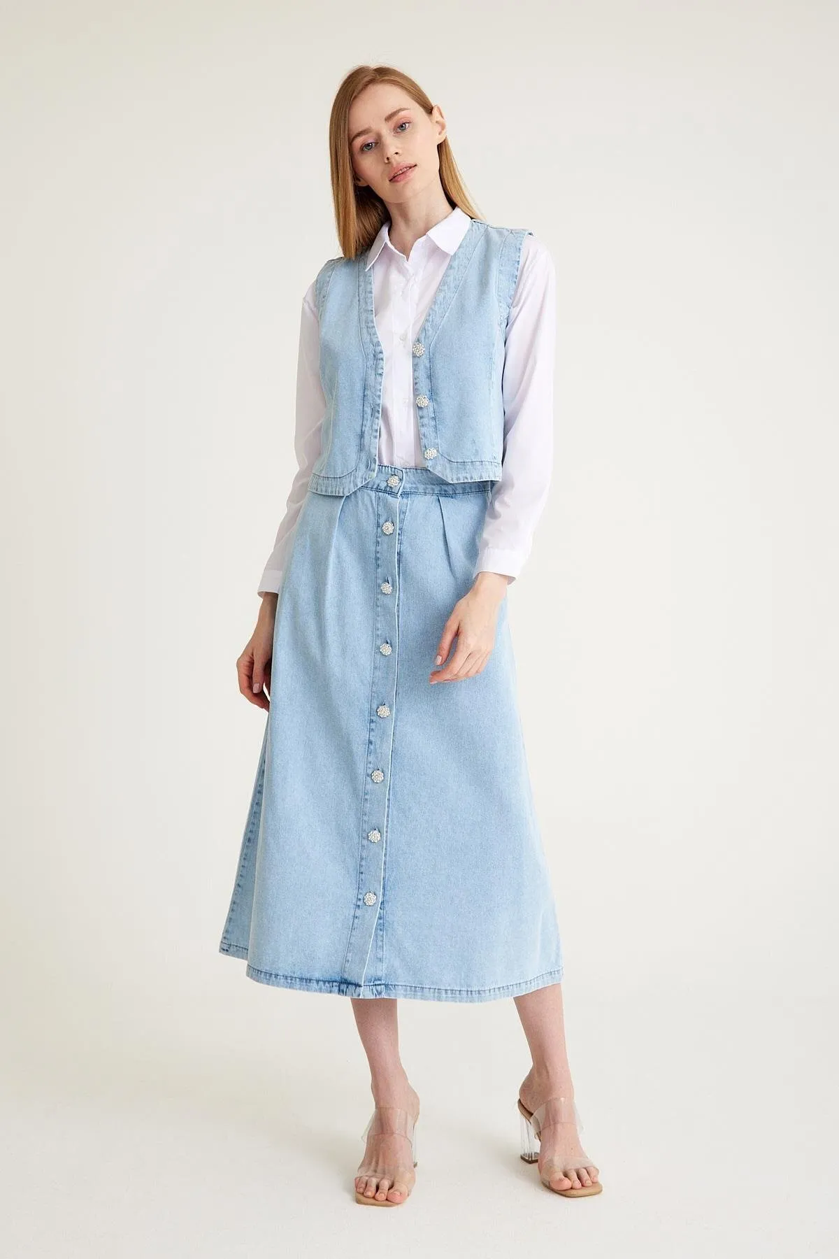 Olcay  Set aus Weste, Hemd und Rock mit Schmucksteinen und Knöpfen, Dreifach-Jeansstoff, BLAU 9228-TK