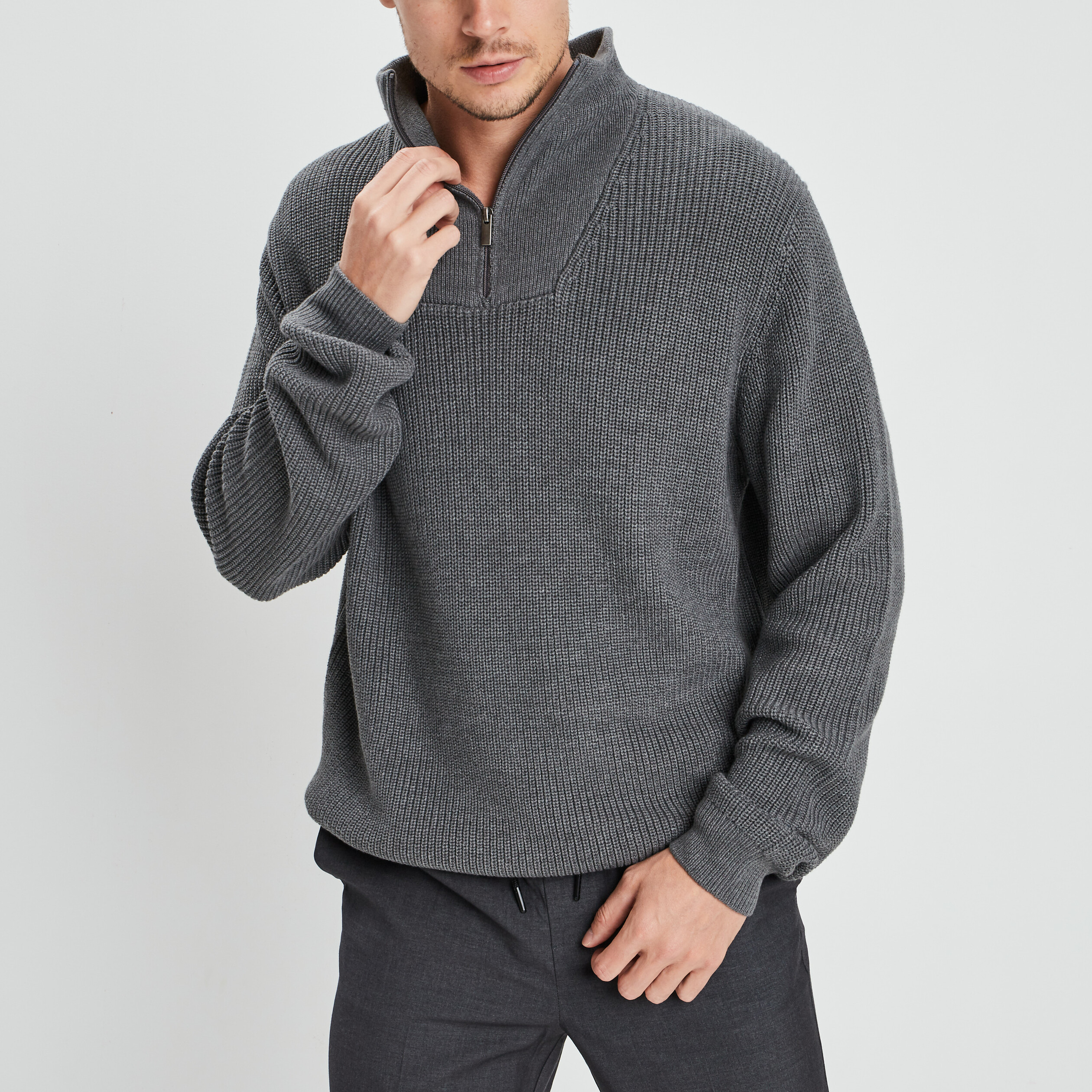 Pull camionneur zippé gris foncé homme | La Halle