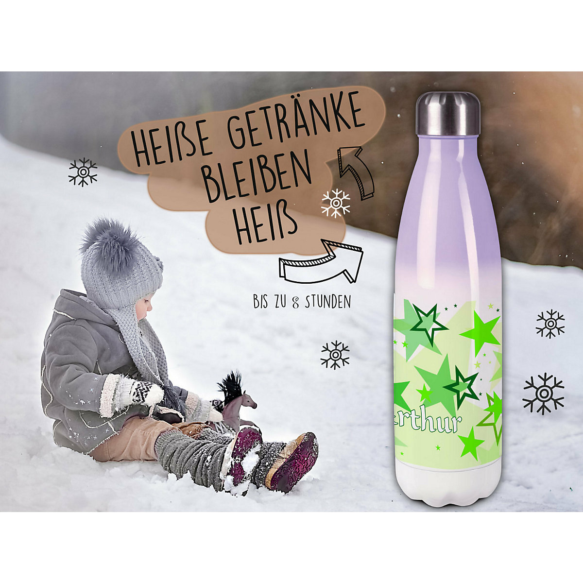 Edelstahl Kinder Thermoflasche / Trinkflasche bunt Sternenhimmel Farbe grün Spülmaschinenfest, Auslaufsicher, Bruchfest, Doppelwandig, Für Heißgetränke geeignet, Mit Deckel, Isoliert