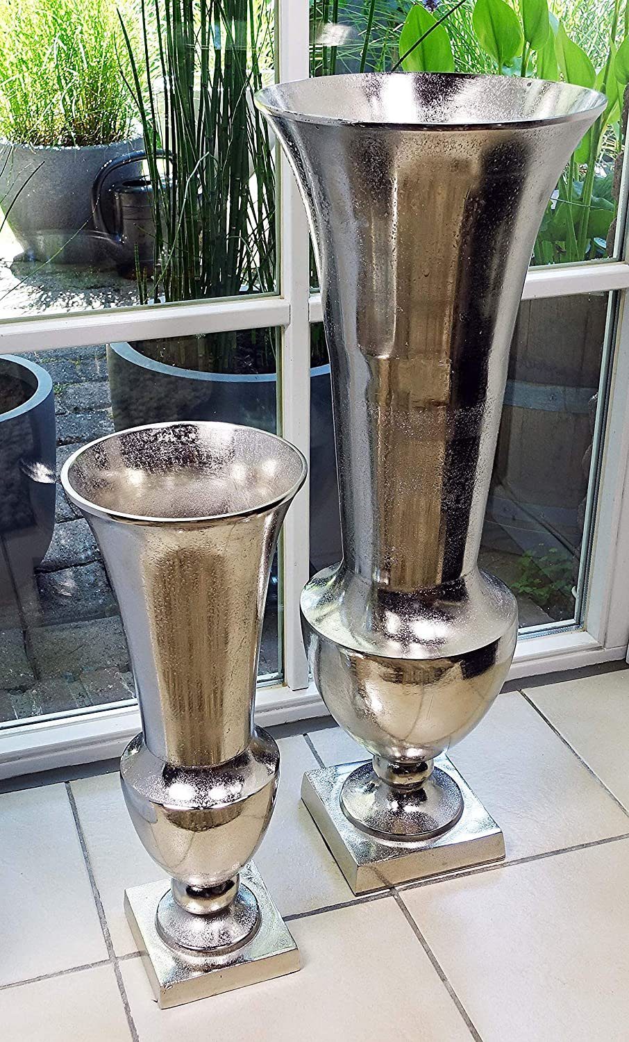 MichaelNoll Dekovase Vase Blumenvase Gefäß Pokalvase Dekovase Groß Aluminium Silber Groß - Bodenvase für Kunstblumen und Pampasgras - 52 cm / 80 cm