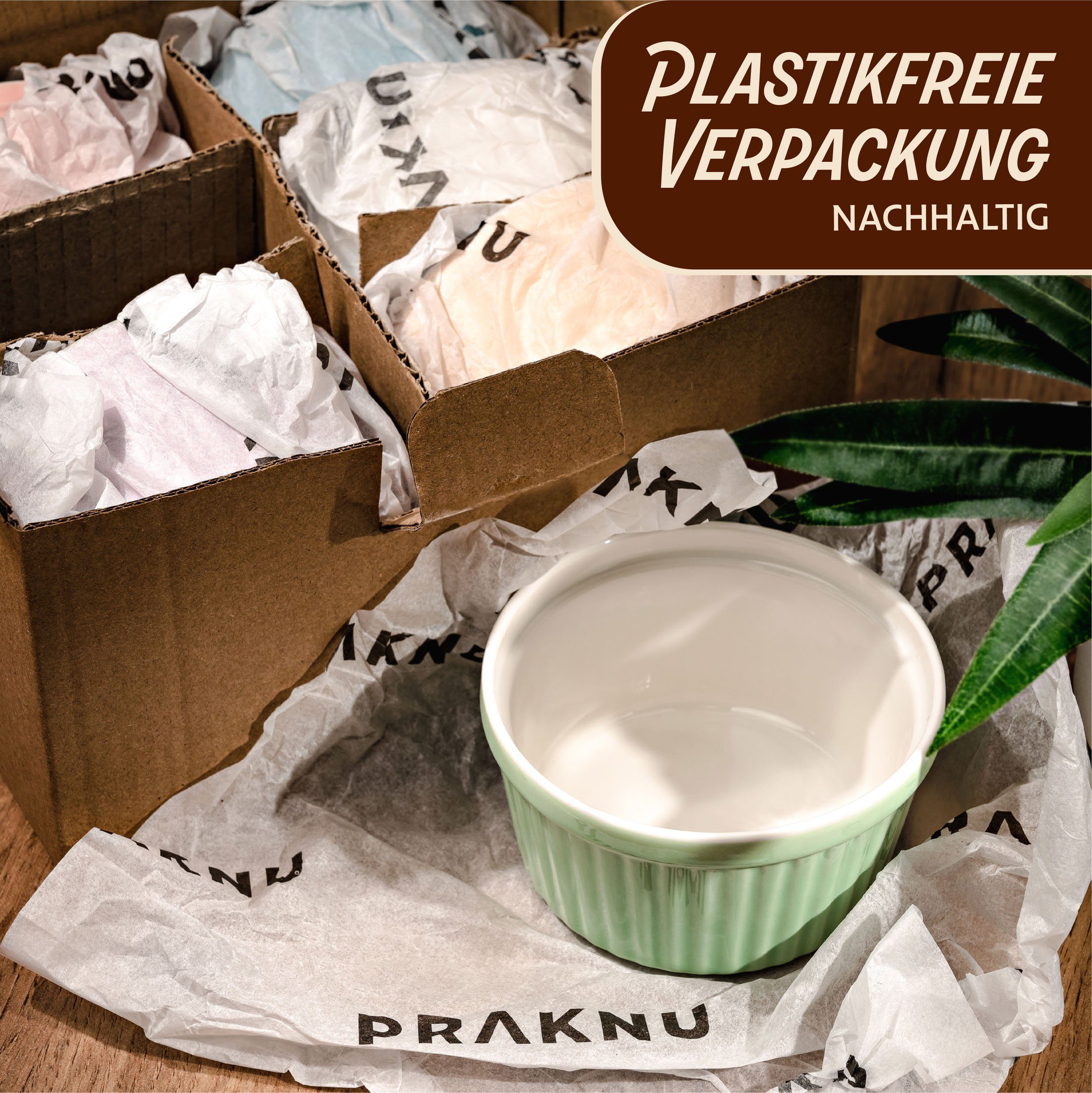 Praknu Auflaufform 6 Souffle Förmchen Ofenfest - Creme Brulee Schälchen - Kuchenbackform, Keramik, (6-St), Kuchenform Rund - Ineinander stapelbare Auflaufförmchen mit Antihaft