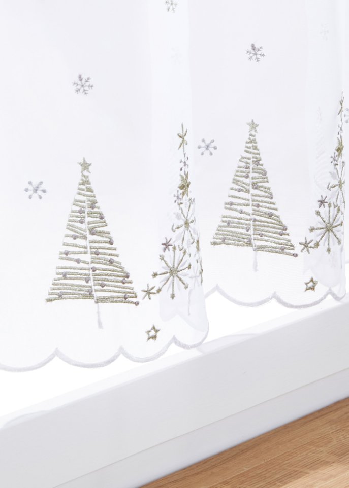 Scheibengardine mit weihnachtlicher Stickerei