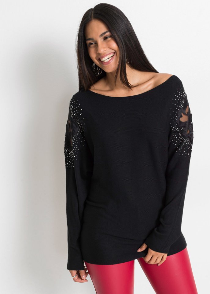 Ripp-Pullover mit Steinchen