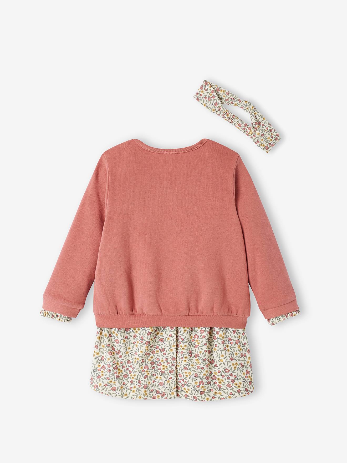Ensemble 3 pièce robe + cardigan + bandeau bébé fille ivoire imprimé