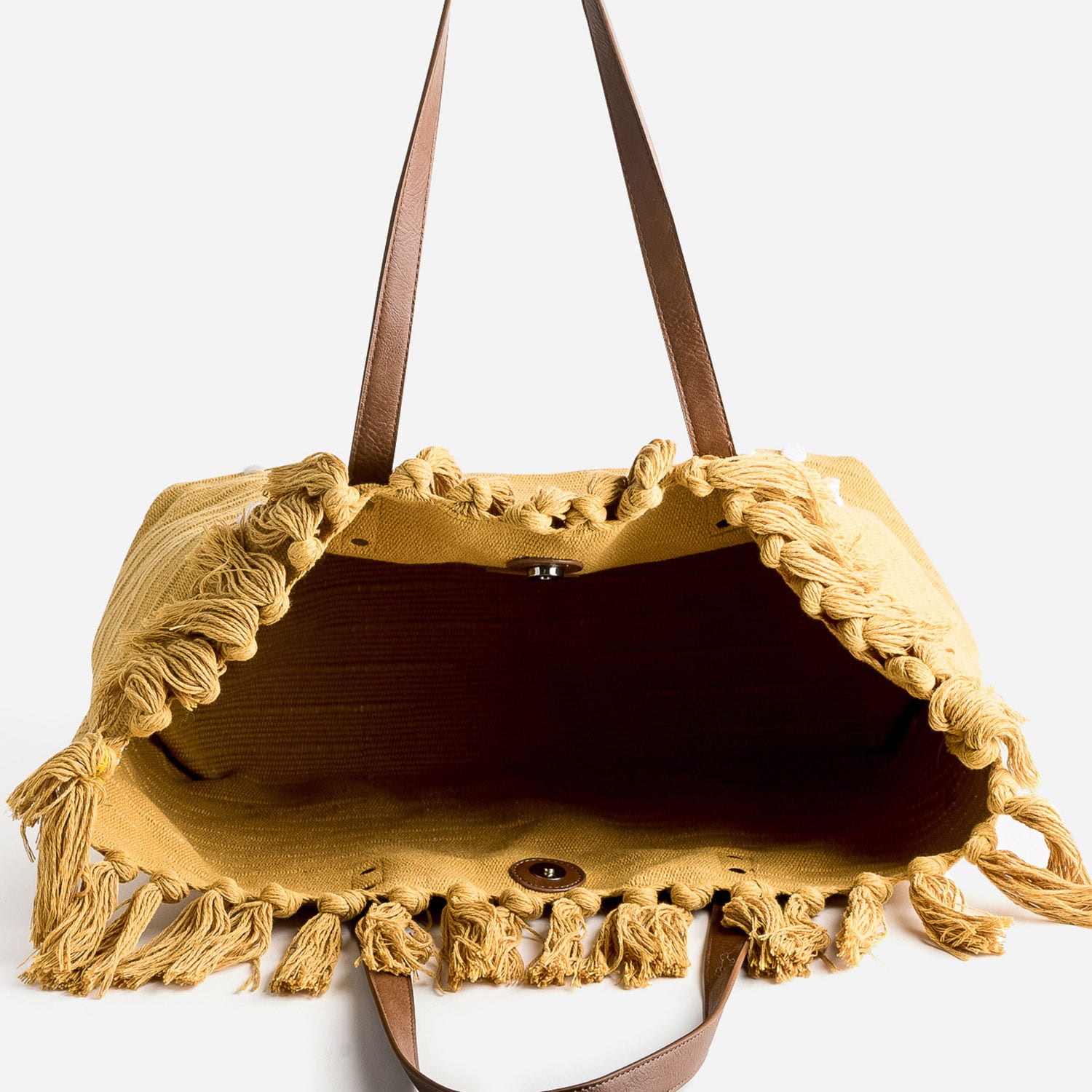 Cabas TEXTO ocre en textile tissé bordé pompons