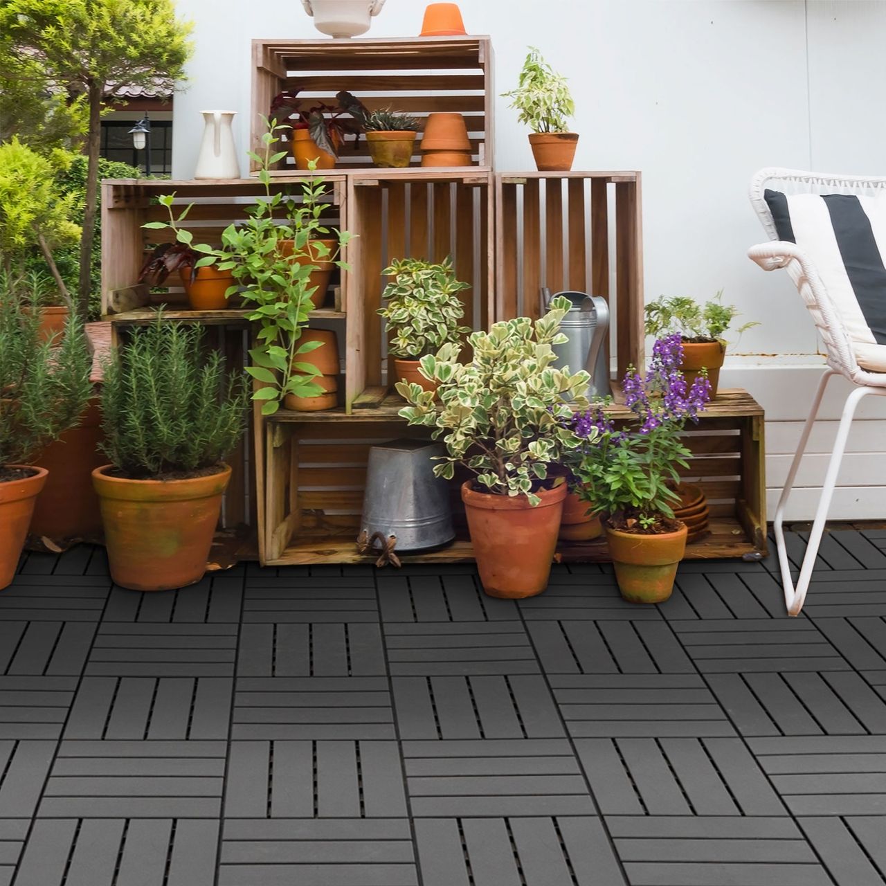 Outsunny 9 er Set Terassenfliesen Balkon Patio 30 x 30 cm Garten-Klickfliese Bodenbelag Bodenfliese Innen Außen Kunststoff Schwarz