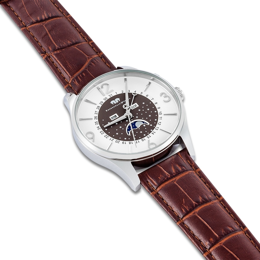 Rhodenwald & Söhne Montre à quartz Moontime en Argent Cuir véritable en Marron Montre