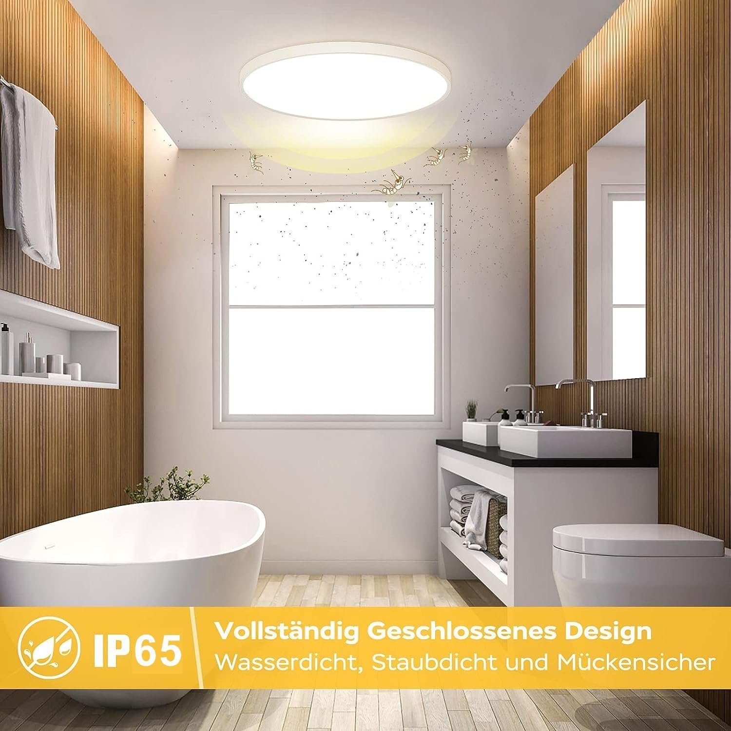 IBETTER Deckenleuchte LED Deckenlampe Flach Rund Ø23cm IP65Badezimmer licht,20W Wohnzimmer, Bad-Leuchte Lampe Flur inkl Leuchtmittel 20W 6500K, weiß, Wohnzimmer-Leuchte Lampe Flur inkl Leuchtmittel, küchenlampe