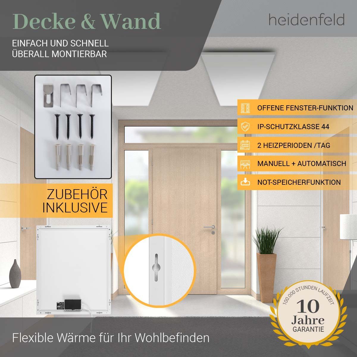 Heidenfeld Infrarotheizung 300-1200 W Wand Decken Elektroheizung HF-HP106-3 - 10 J. Garantie, Thermostat - Infrarot Wandheizung Heizkörper Elektroheizkörper