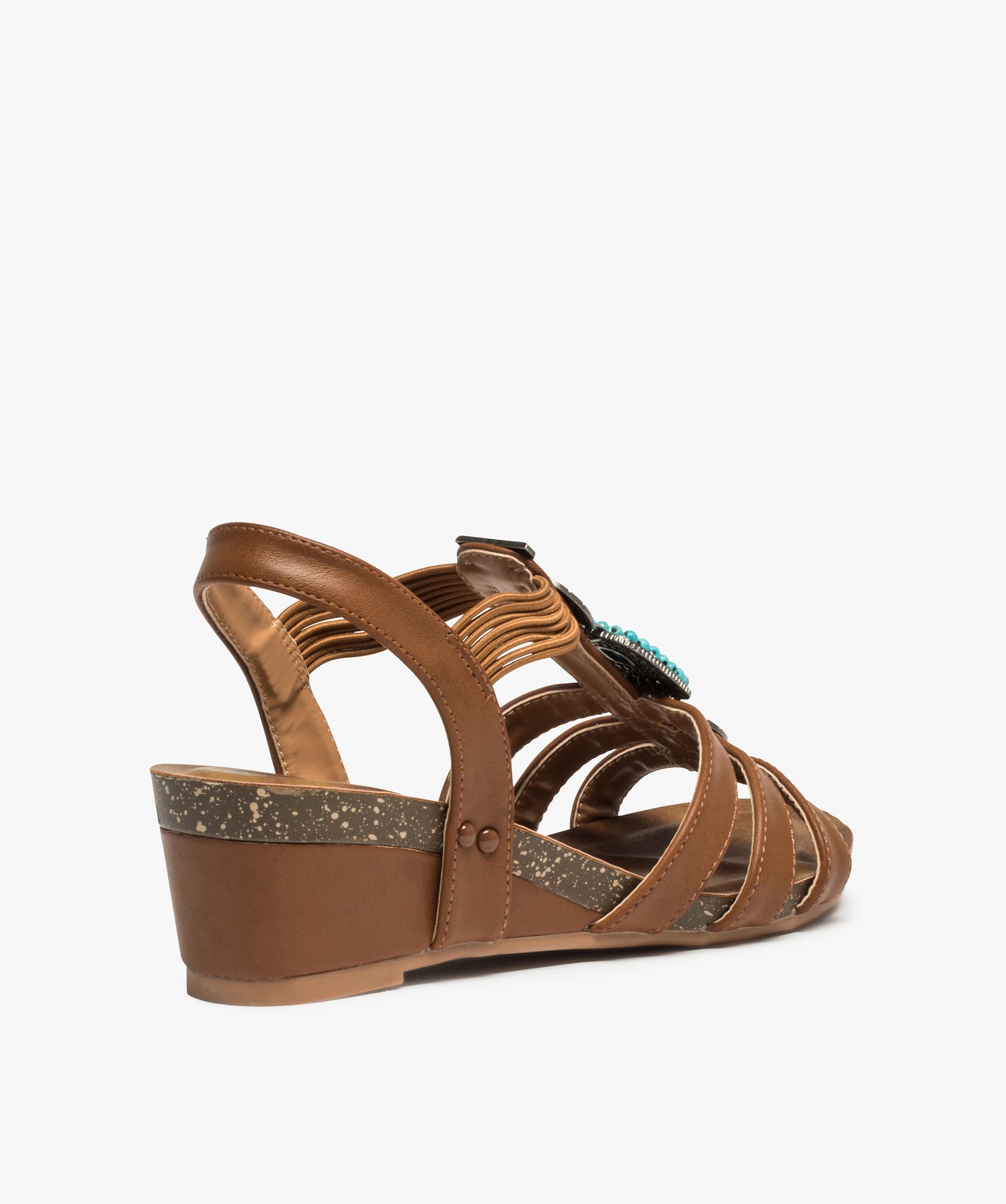 Sandales femme à talon dessus uni orné de perles et métal camel | GEMO
