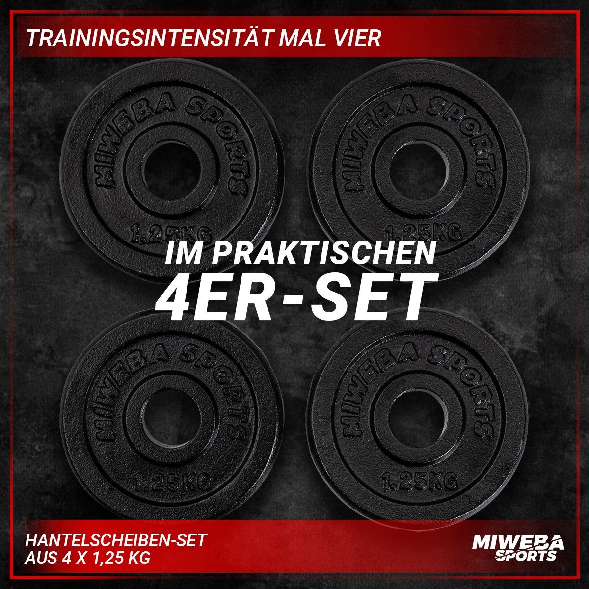 Miweba Sports Hantelscheibe Profi Gusseisen Hantelscheiben HSG - 1.25 - 10 kg, 5 kg, (4er-Set, Hantelscheibenset, Hantel Gewichte Set, Gewicht Scheiben, Muskelaufbau, Workout, Training, Ganzkörpertraining, 4-tlg., 4 x 1.25 kg, Ø 30mm, Gusseisen, 12.5