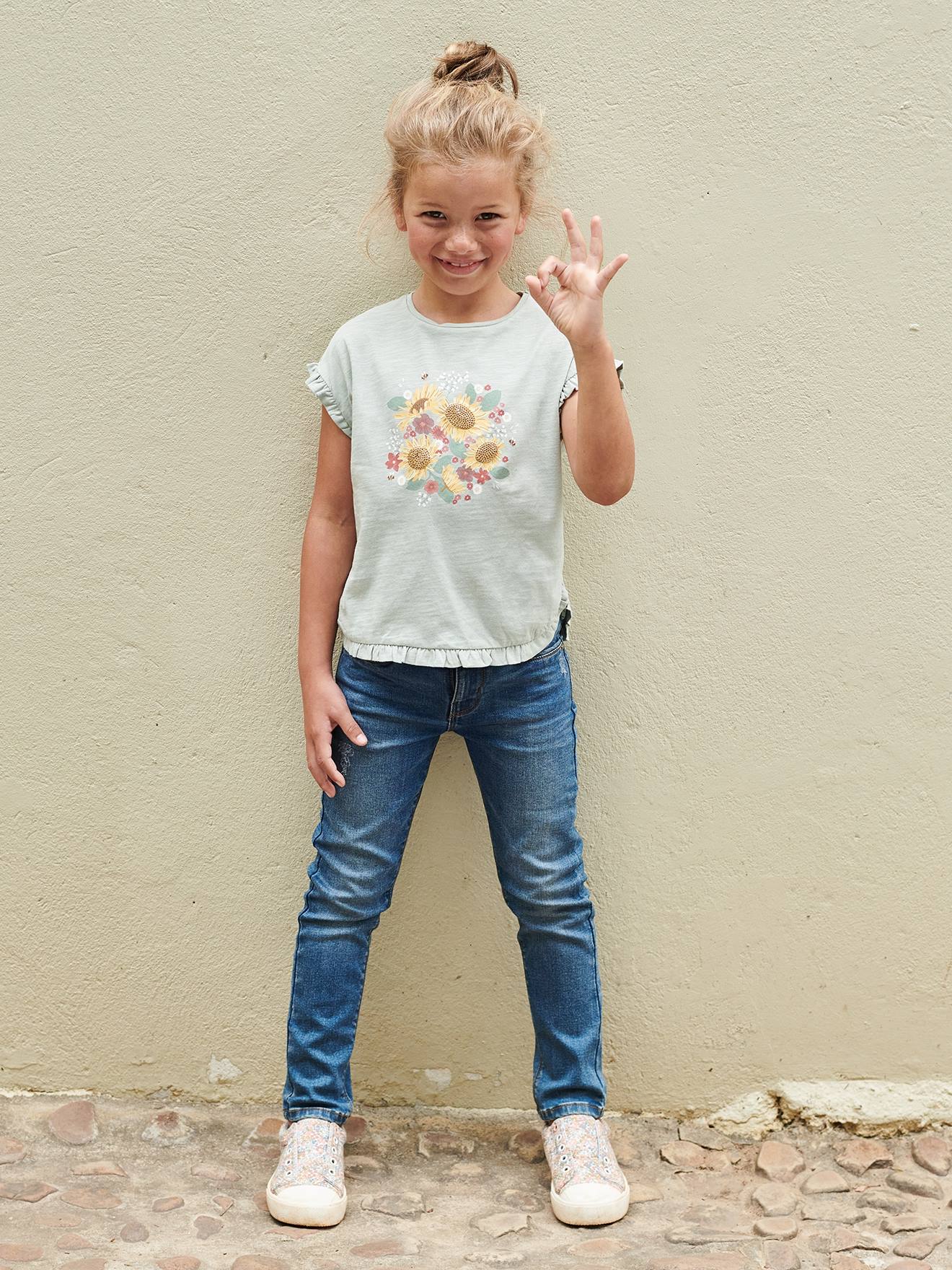 Vertbaudet Mädchen T-Shirt mit Pailletten-Print und Volants Oeko-Tex - aqua