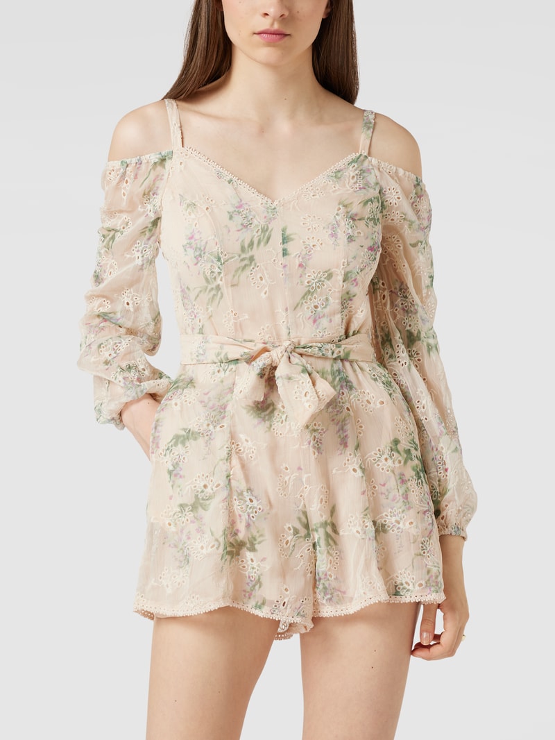 Cold-Shoulder-Jumpsuit mit floraler Lochstickerei in offwhite