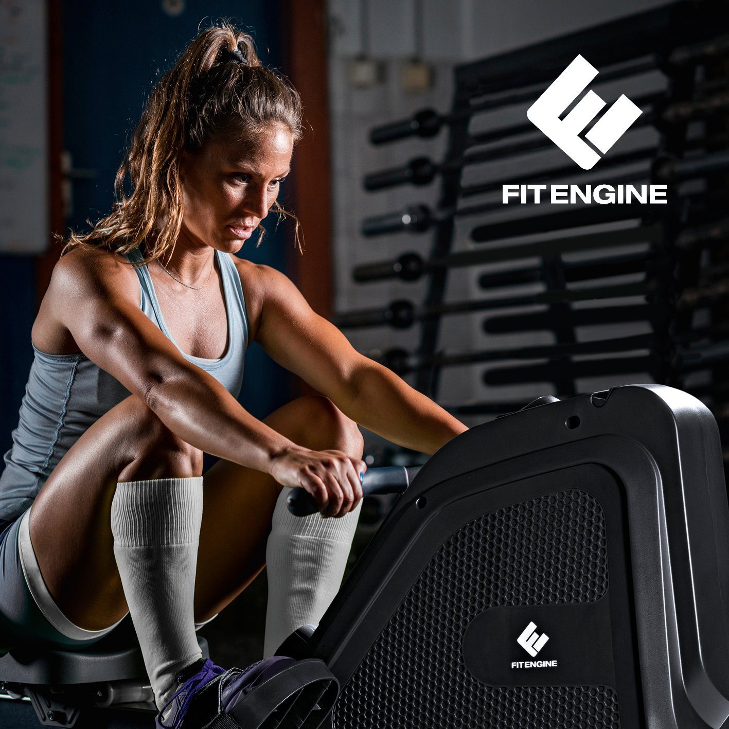 FitEngine Rudergerät mit Magnetwiderstand, 179cm schwarz/silber inkl. Tablethalterung klappbar