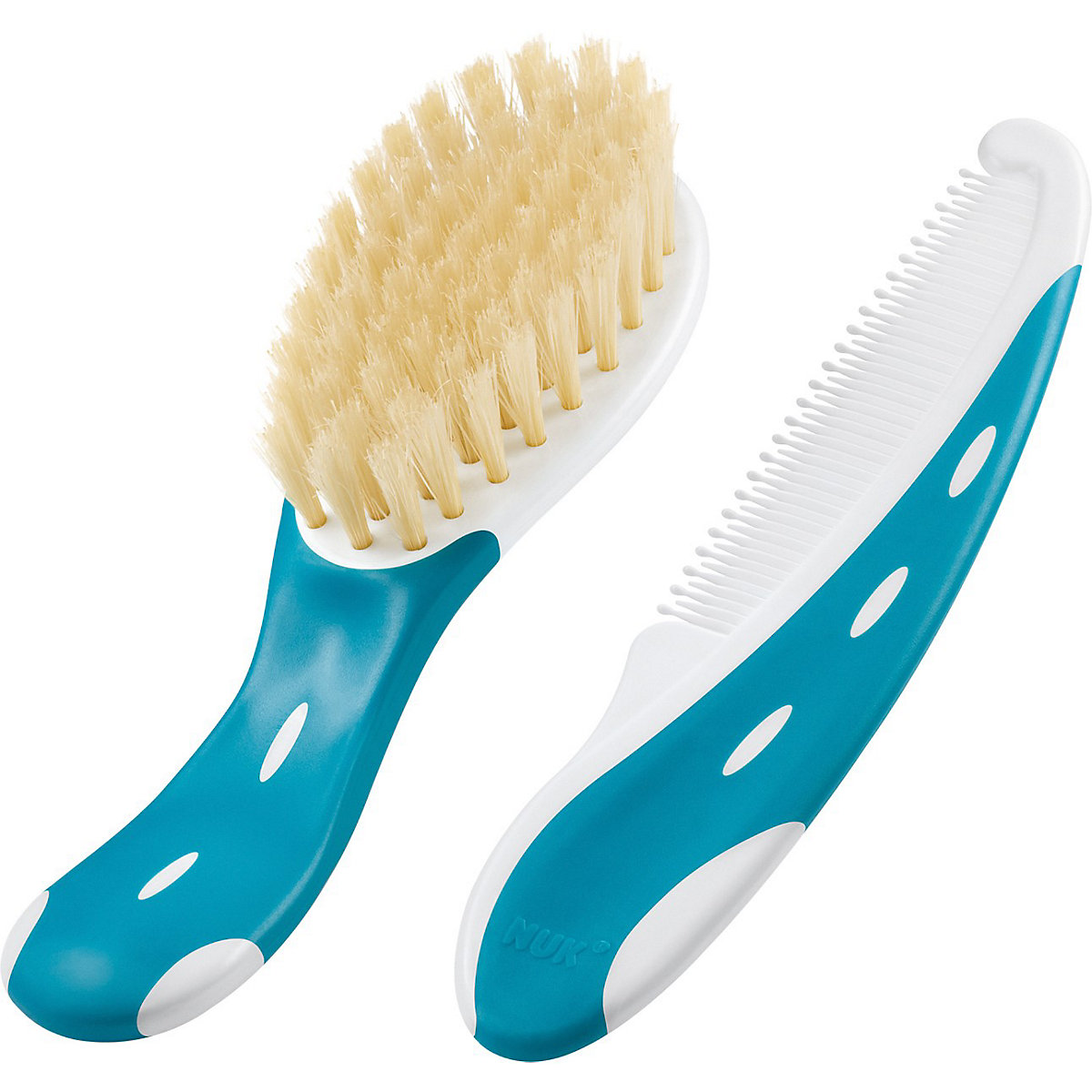 NUK Babybürste mit Kamm, Bürste aus 100% Naturhaar, Kamm mit abgerundeten Spitzen, blau