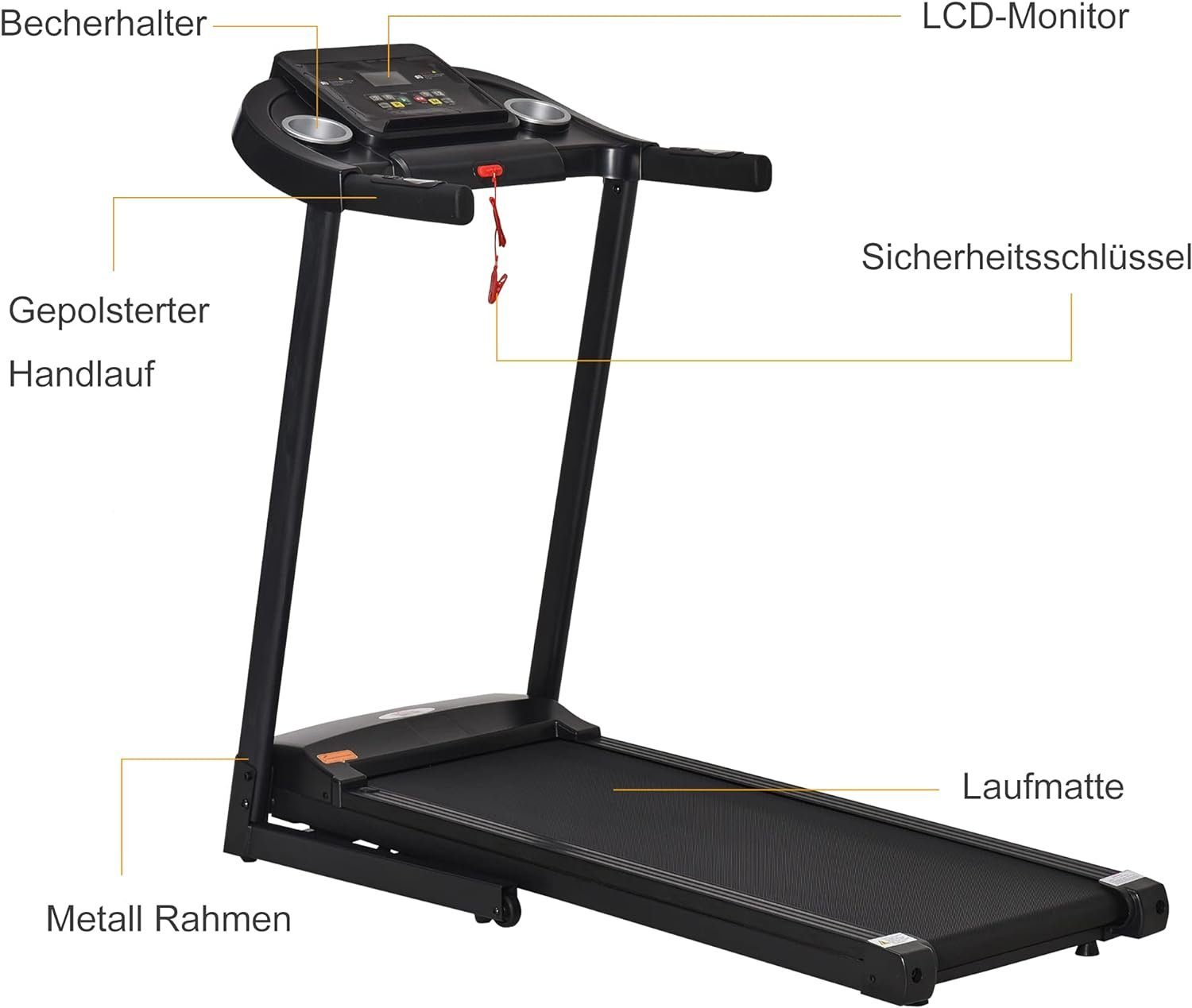 HOMCOM Laufband (Laufband Klappbar elektrisch 500W 1-12 km/h LED-Display Getränkehalter), sehr gut geeignet für Home Gym Indoor Fitness Schwarz 134 x 60 x 118cm