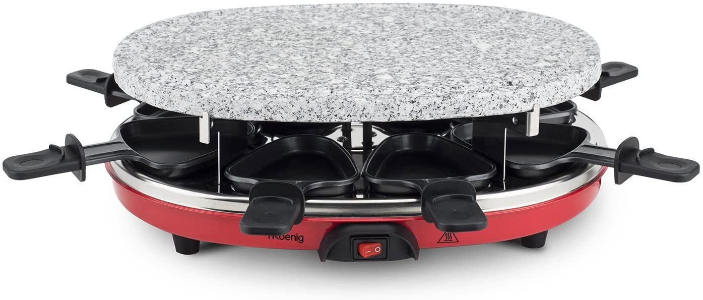H.Koenig Raclette RP-412 mit wechselbaren Pletten, heißer Stein, 8 Raclettepfännchen, 900 W