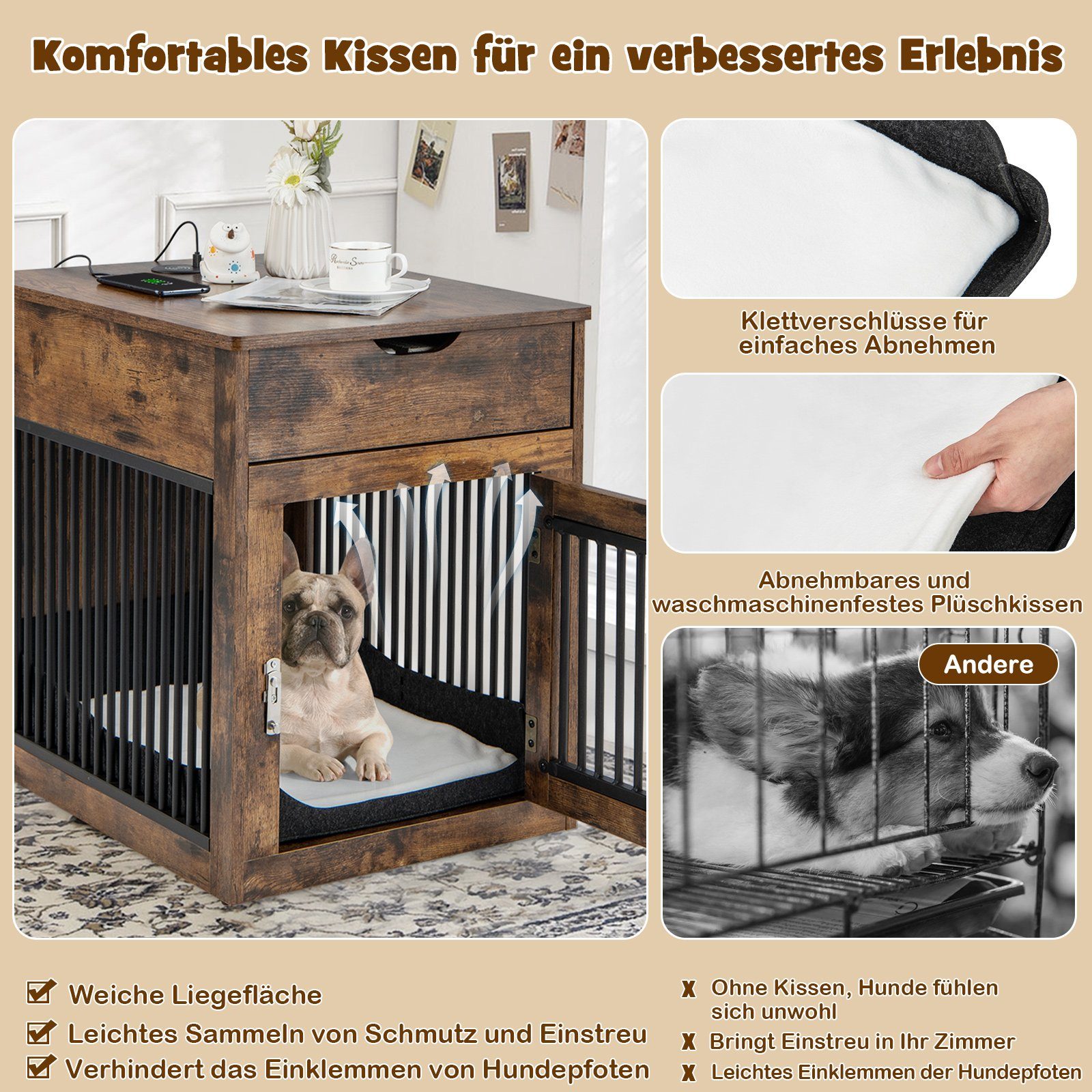 COSTWAY Hundehütte Hundekäfig, mit Ladestation, für S Hunde