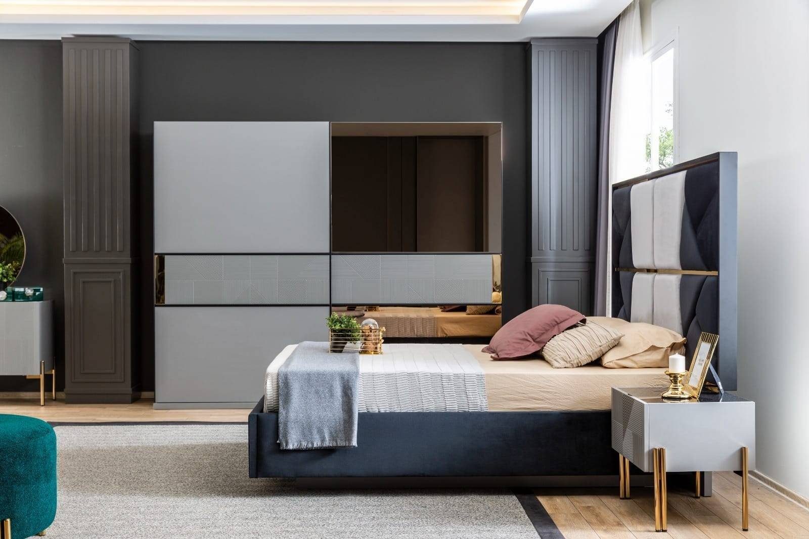 JVmoebel Schlafzimmer-Set Modernes Schlafzimmer Set Designer Bett 2x Nachttische Kleiderschrank, (4-St., 1x Bett + 2x Nachttische + 1x Kleiderschrank), Made in Europa