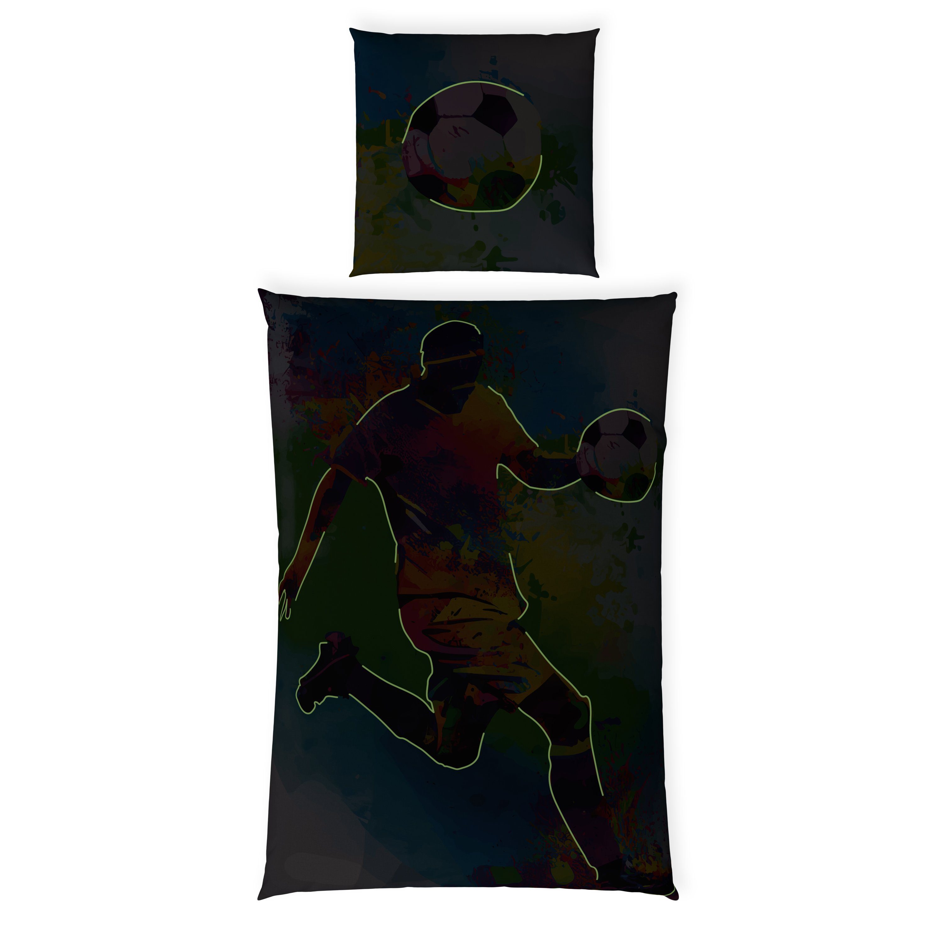 Kinderbettwäsche Leuchtende Fußball Bettwäsche 135x200 Kinder Bettbezug Set + 10 SPIELE, Carpe Sonno, Baumwolle, 2 teilig, GLOW IN THE DARK Fußballer Bettwäsche Fussball
