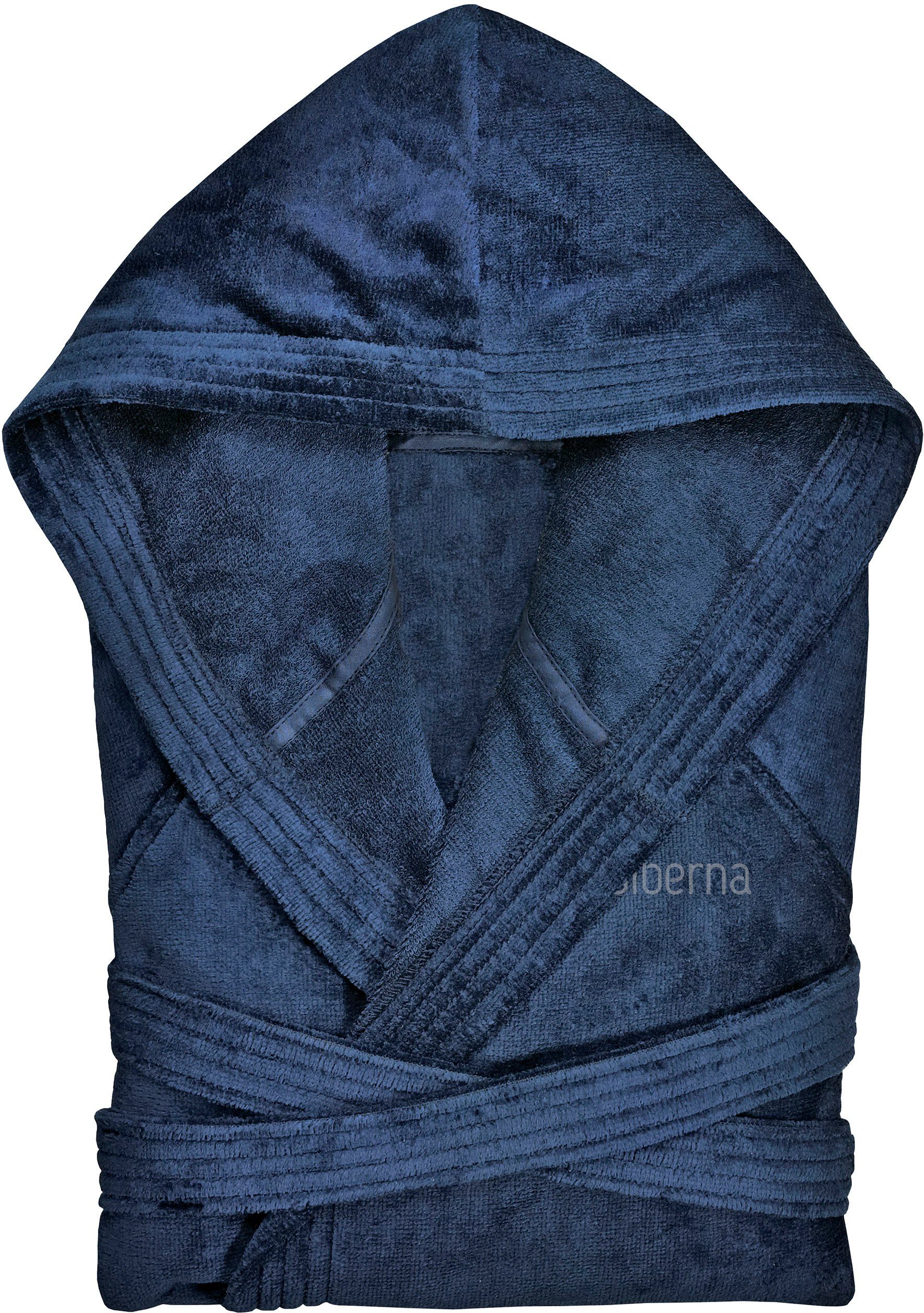Biberna Unisex-Bademantel Meike, Langform, Frotteevelours, Kapuze, Gürtel, Velours Bademantel für Damen & Herren, mit Kapuze, feine Samt-Optik
