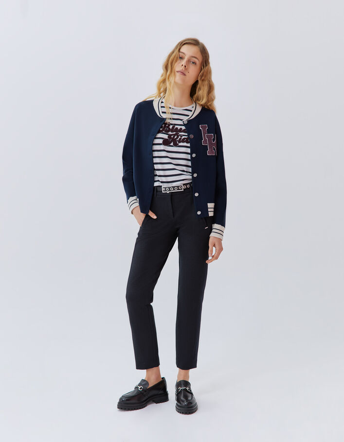 Tee-shirt gris chiné rayé broderie bouclette Femme