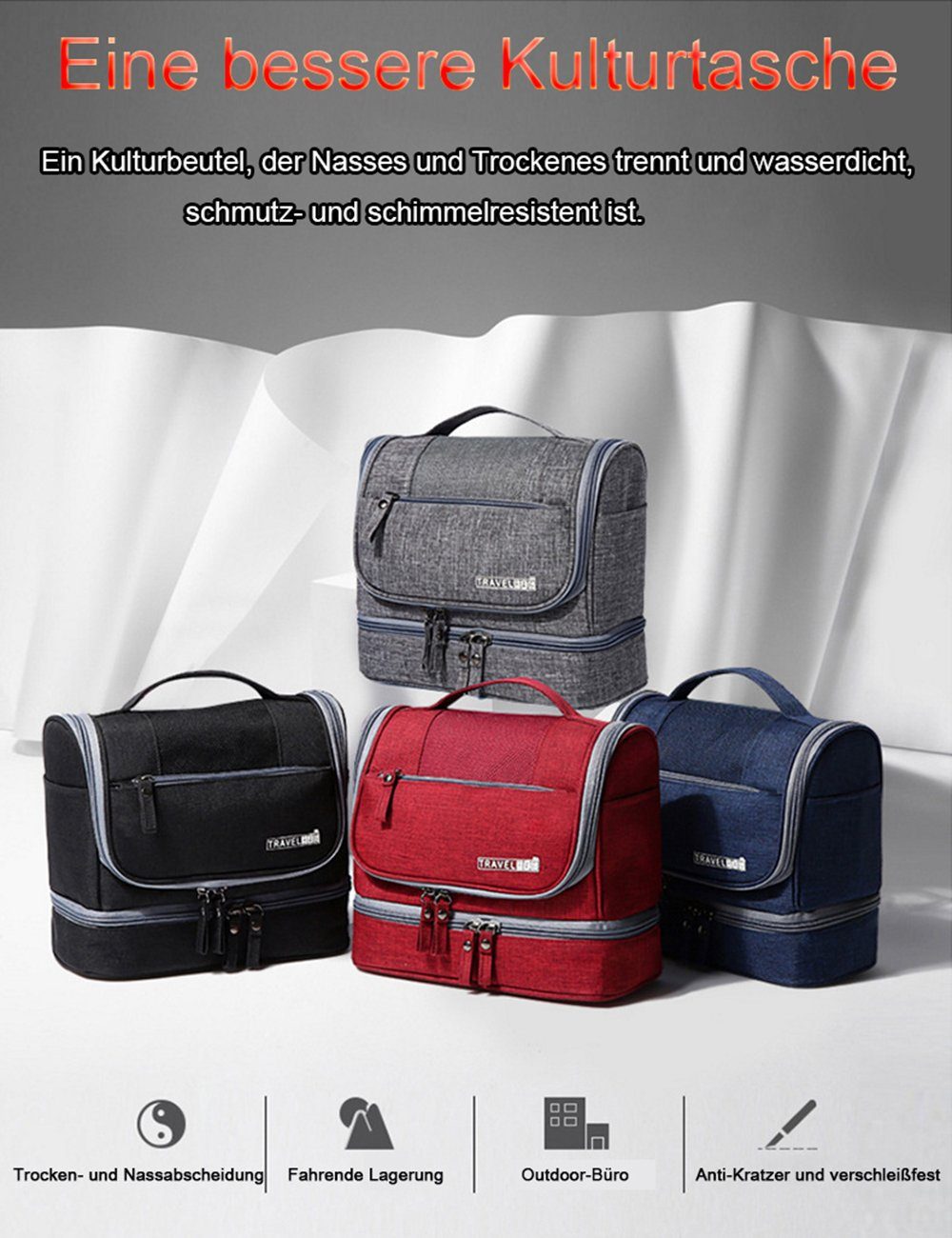 SCOBAG Kosmetiktasche Kosmetiktasche Travel Organiser Großes Fassungsvermögen (1-tlg, Bequemer Haken-Kosmetikbeutel), Wasserdicht schimmelfest nass und trocken Trennung