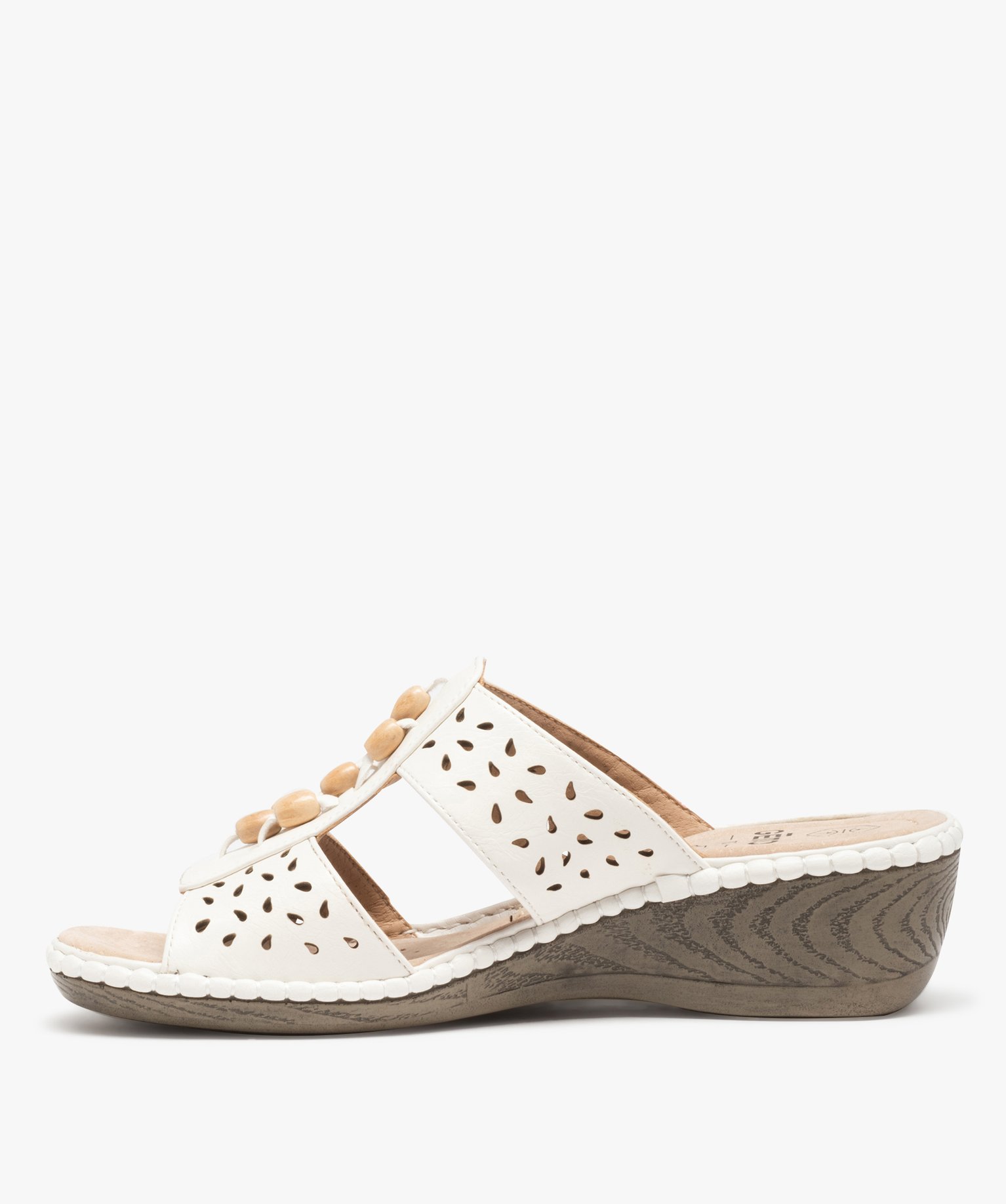 Mules femme confort à brides ajourées et perles en bois ecru | GEMO