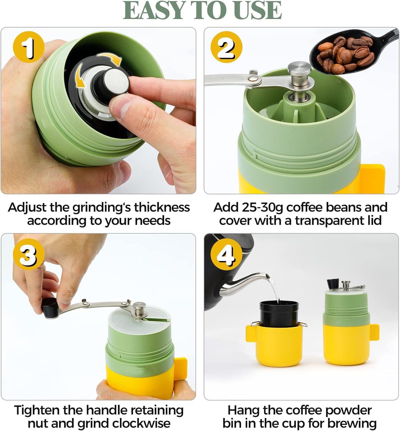 YUHRO Kaffeemühle Manuelle Kaffeemühle, einstellbare Grobheit., Hand-Kaffeemühle für unterwegs und Reisen, mit Keramikmahlwerk.