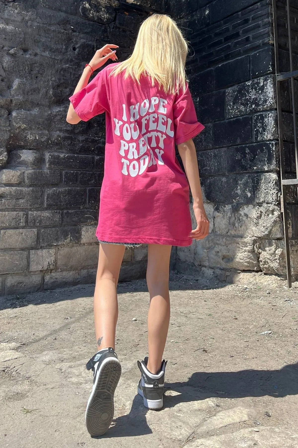 Madmext  Rosa bedrucktes Oversize-Damen-T-Shirt mit Rundhalsausschnitt