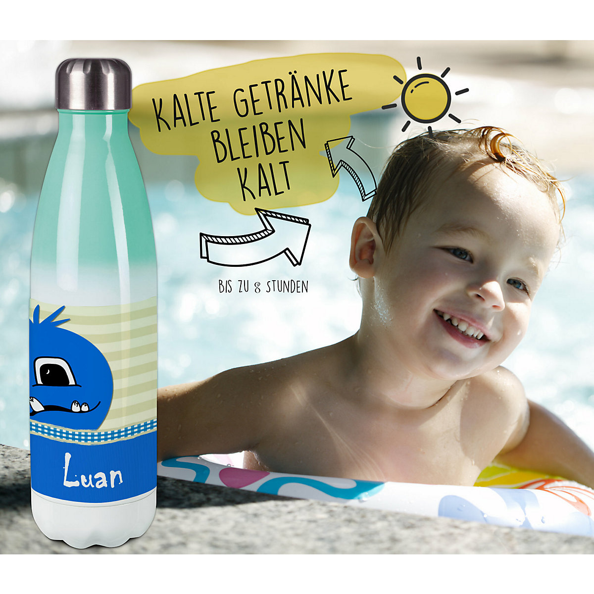 Edelstahl Kinder Thermoflasche / Trinkflasche bunt Monster Karo Farbe blau Spülmaschinenfest, Auslaufsicher, Bruchfest, Doppelwandig, Für Heißgetränke geeignet, Mit Deckel, Isoliert