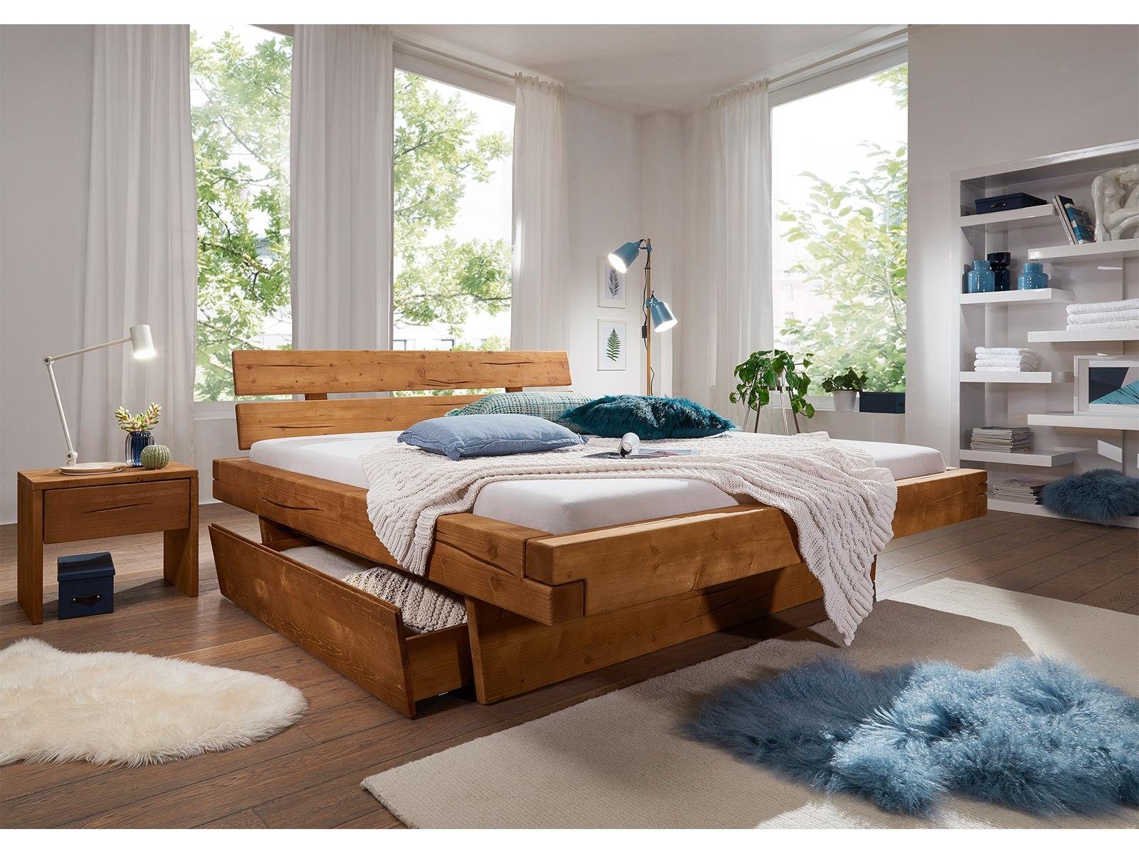 möbelando Massivholzbett Morant Bay, Modernes Balkenbett aus Massivholz in Fichte eichefarbig honig gebeizt/geölt mit 2 Schubkästen. Liegefläche 180x200 cm. Breite 198 cm, Höhe 87 cm, Tiefe 221,5 cm