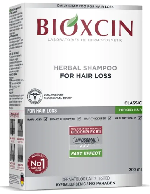 Champú herbal clásico Bioxcin para cabello graso, debilitado y propenso a la caída.