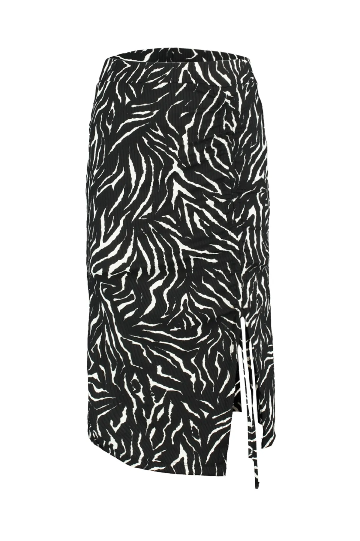 Trendyol Collection  Schwarz bedruckter, geraffter und geschlitzter taillierter/taillierter Mini-Strickrock mit hoher Taille TWOAW22ET0401