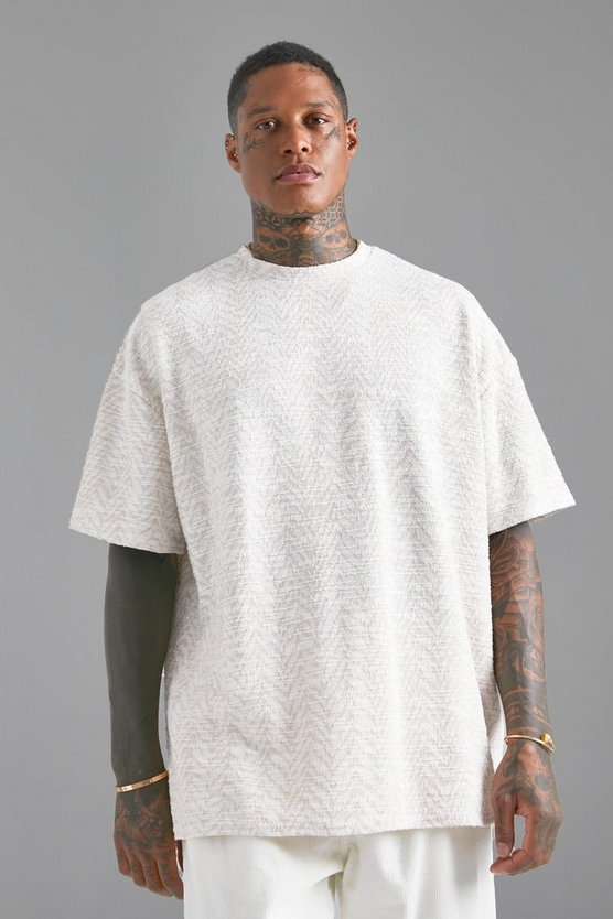 Oversize Jacquard T-Shirt mit Fischgräten-Print
