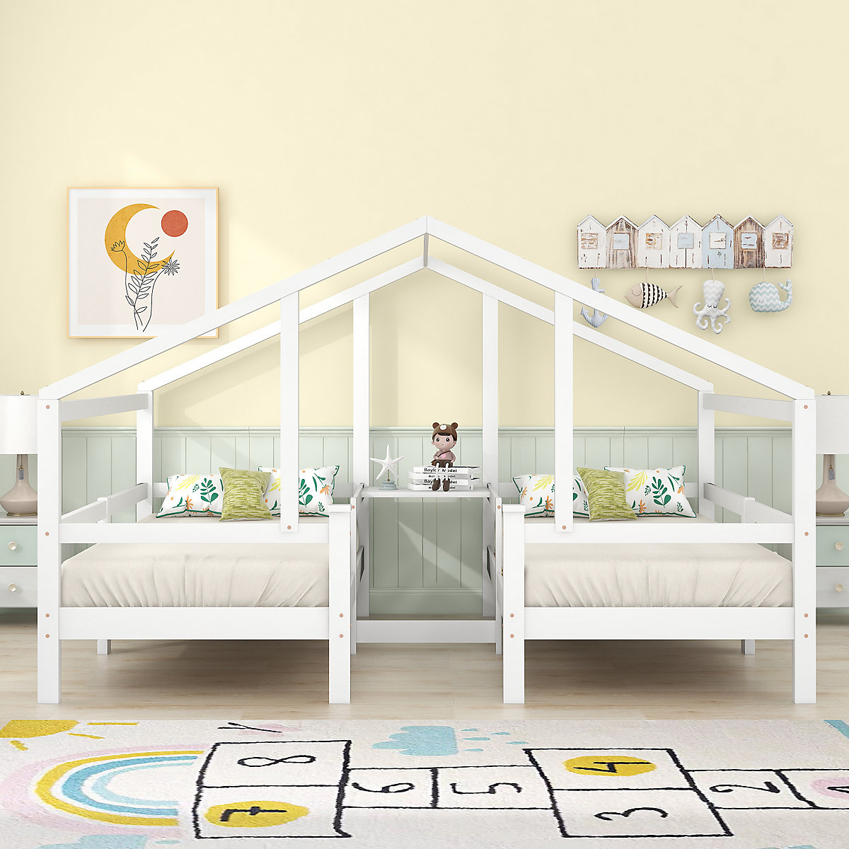 Hausbett Kinderbett 90x200 cm 2tlg. mit Rausfallschutz, Nacchttisch und Lattenrost
