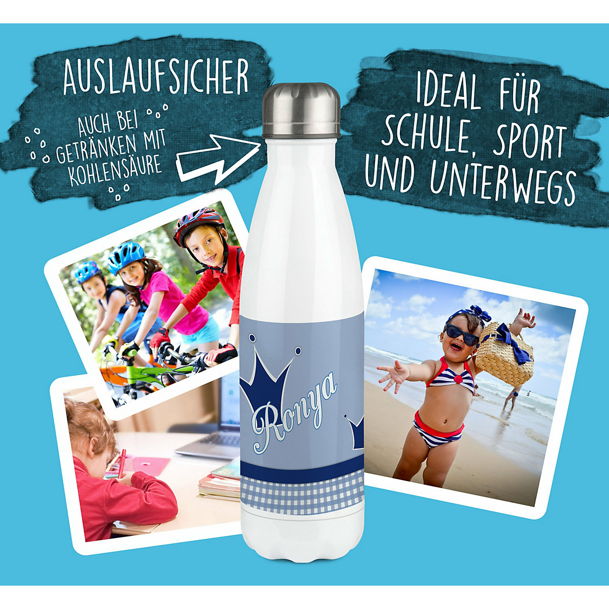Edelstahl Kinder Thermoflasche / Trinkflasche bunt Krone Farbe blau Spülmaschinenfest, Auslaufsicher, Bruchfest, Doppelwandig, Für Heißgetränke geeignet, Mit Deckel, Isoliert