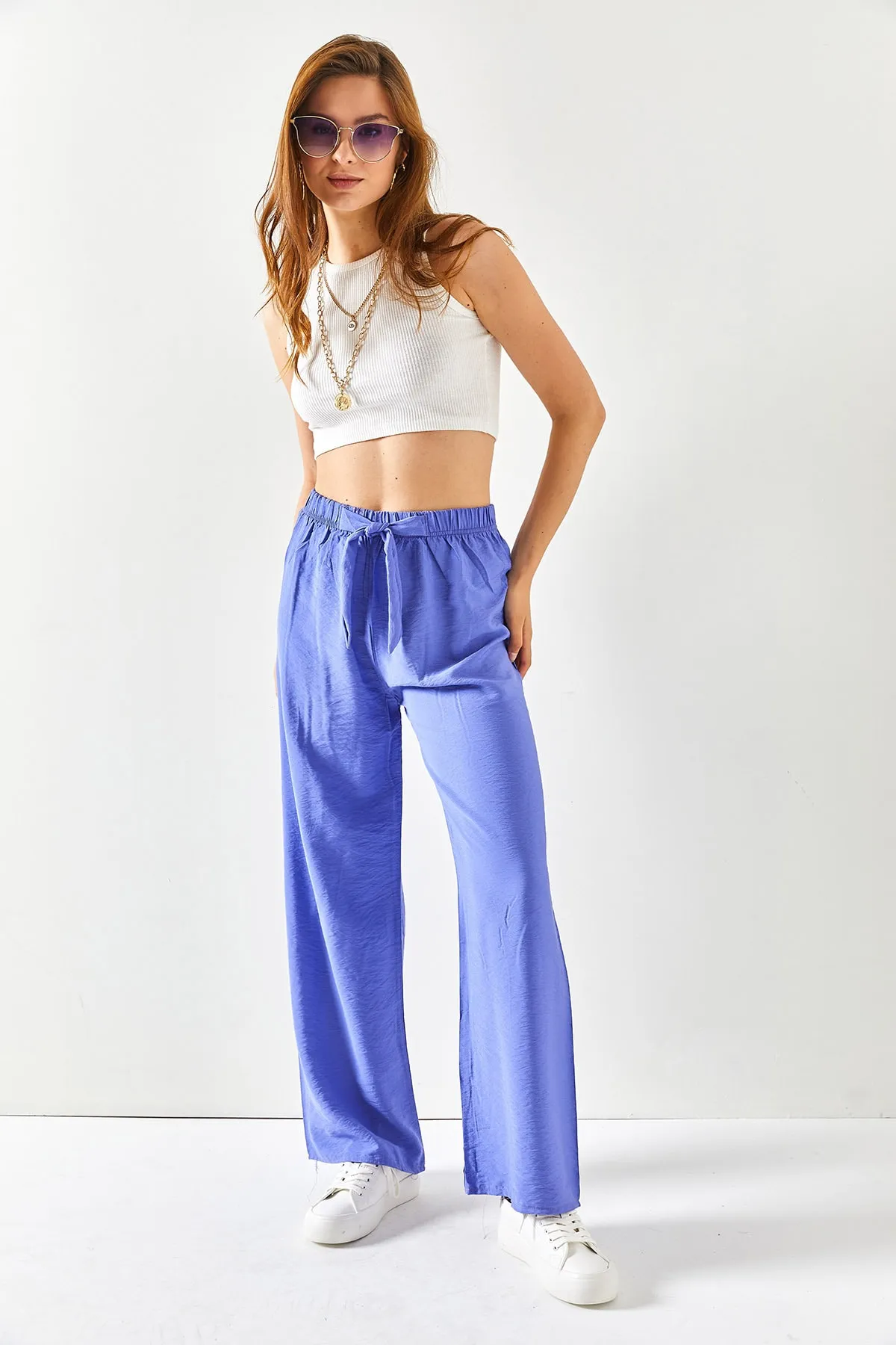 Olalook  Lilafarbene Palazzo-Ayrobin-Hose mit Gürtel und elastischem Bund für Damen PNT-19000200