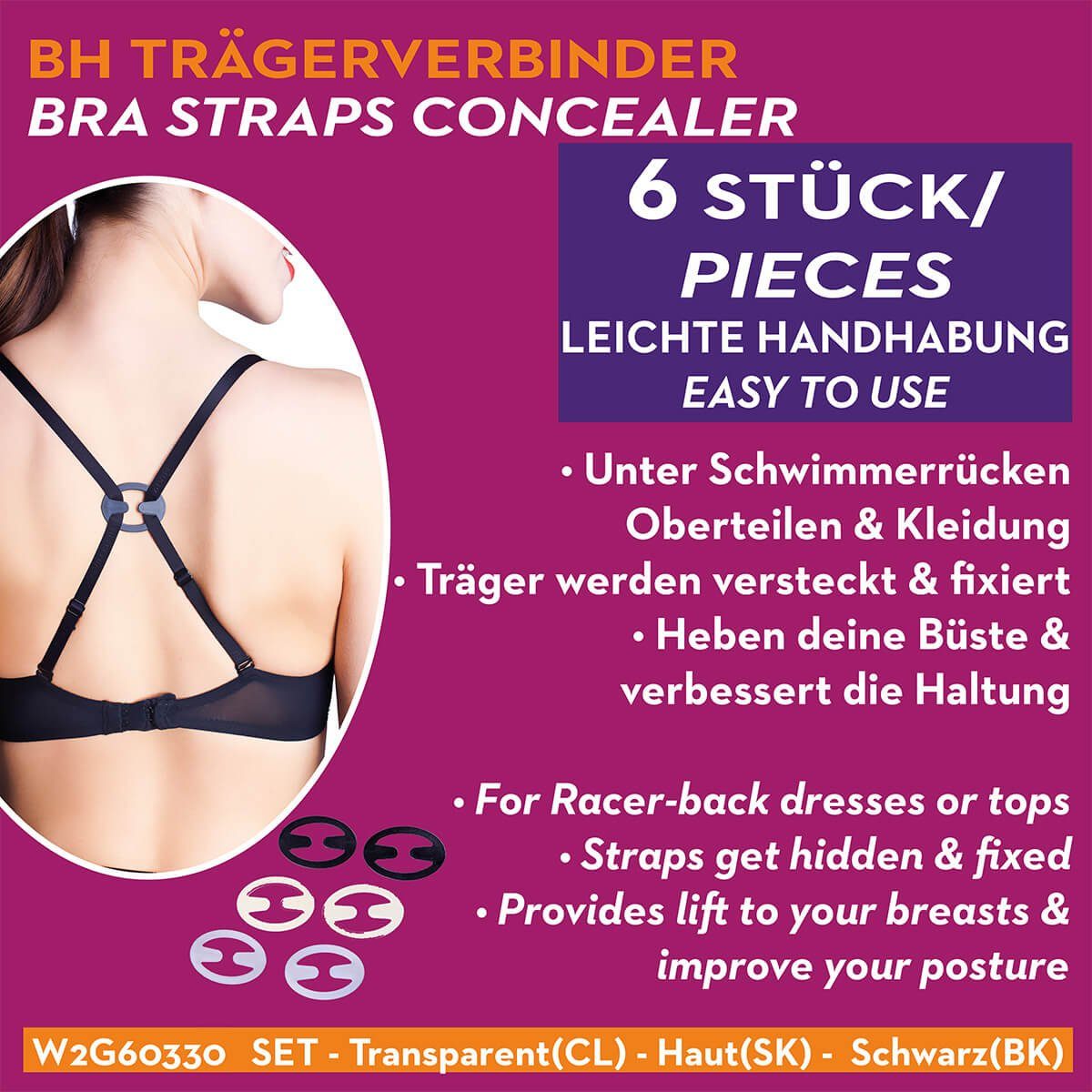 Miss Perfect BH-Träger W2G60330, BH Trägerverbinder aus Kunststoff in 3 verschiedenen Farben