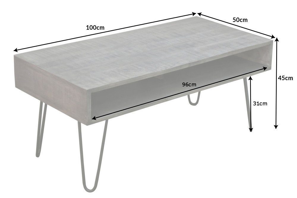 riess-ambiente Couchtisch SCORPION 100cm grau, Wohnzimmer · Massivholz · Metall · eckig · Hairpin Legs · Retro