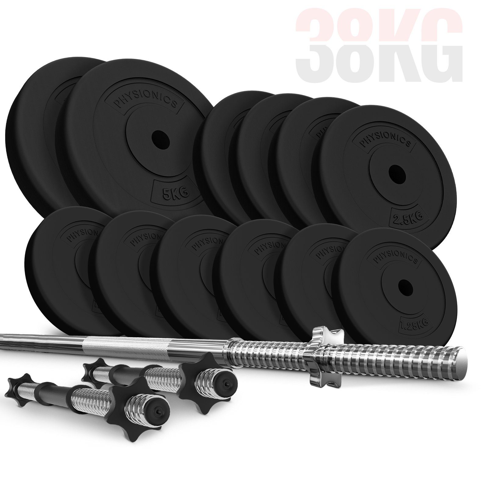 Physionics Langhantel Hantelset - 38/58/78/108 kg Set, Langhantel (165cm, Ø30 mm, bis 500kg), (Set)