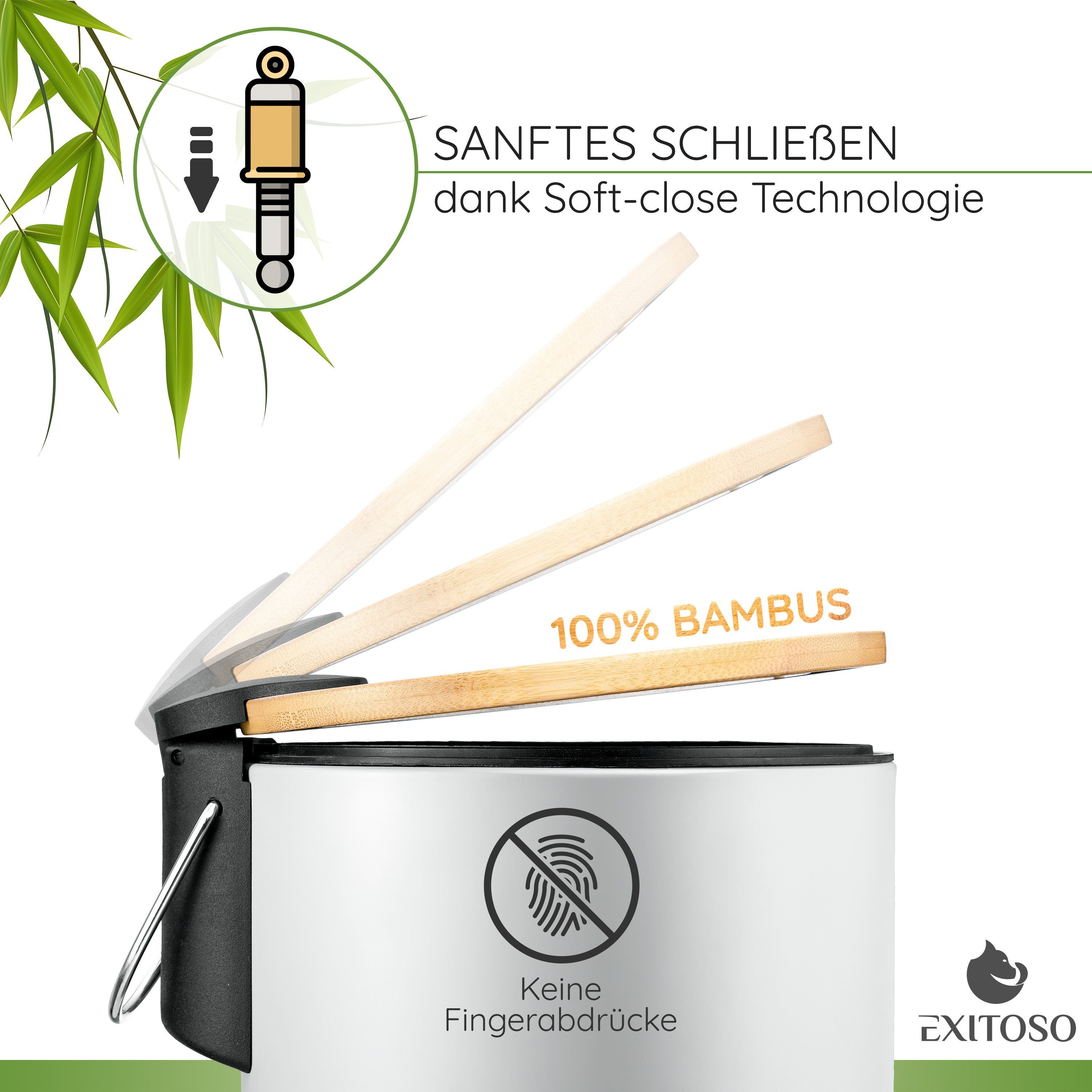 Exitoso Kosmetikeimer 3 Liter Badmülleimer - Tretmülleimer, Bambus Deckel mit Absenkautomatik