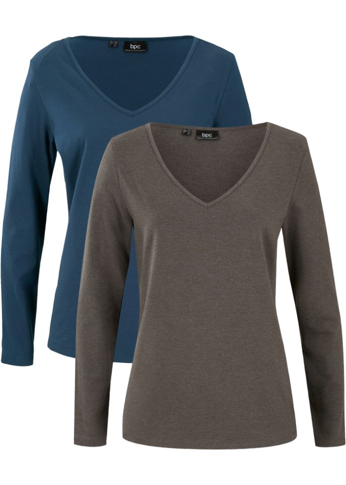 Langarmshirt mit V-Ausschnitt (2er Pack)