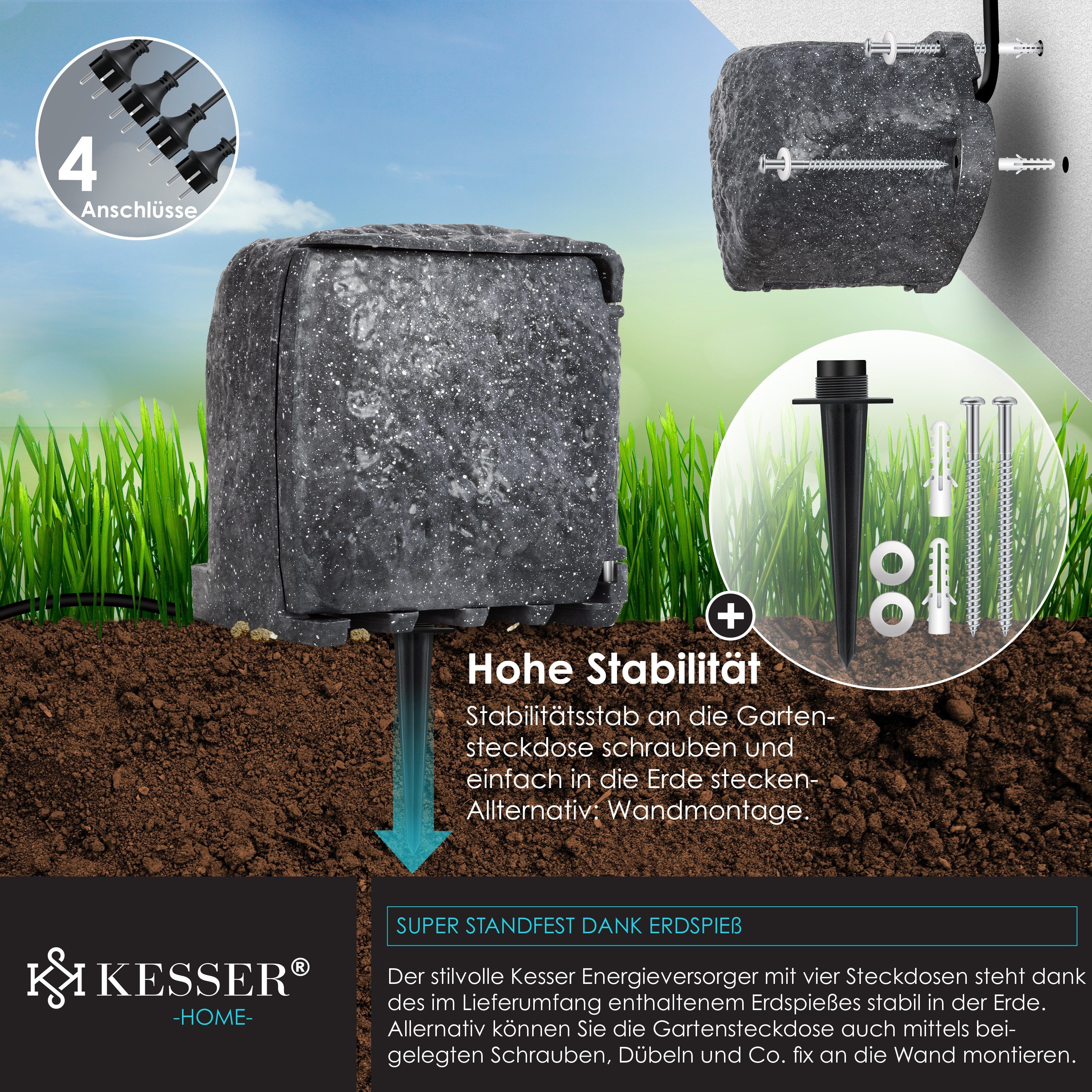 KESSER Gartensteckdose, Gartensteckdose Steinoptik mit Steckplätzen Inkl.Erdspieß