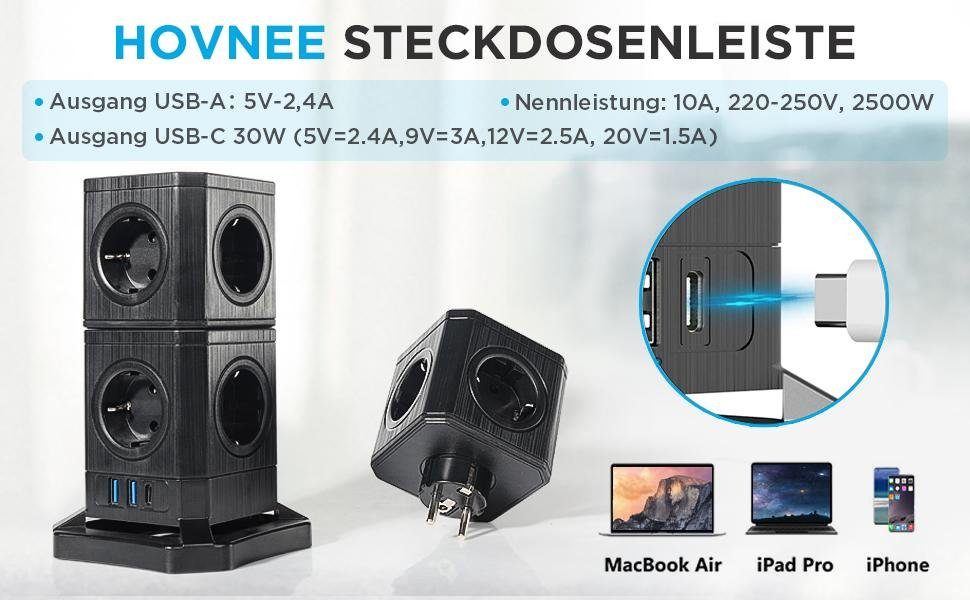 HOVNEE 15-Fach Steckdosenturm mit USB, Überspannungsschutz & 2m Kabel Mehrfachsteckdose 18-fach (15 Steckdosen und USB-Anschlüsse: Für vielseitige Lademöglichkeiten., Abnehmbare Blöcke: Flexibles Design für verschiedene Orte., Integrierter Schutz: Si