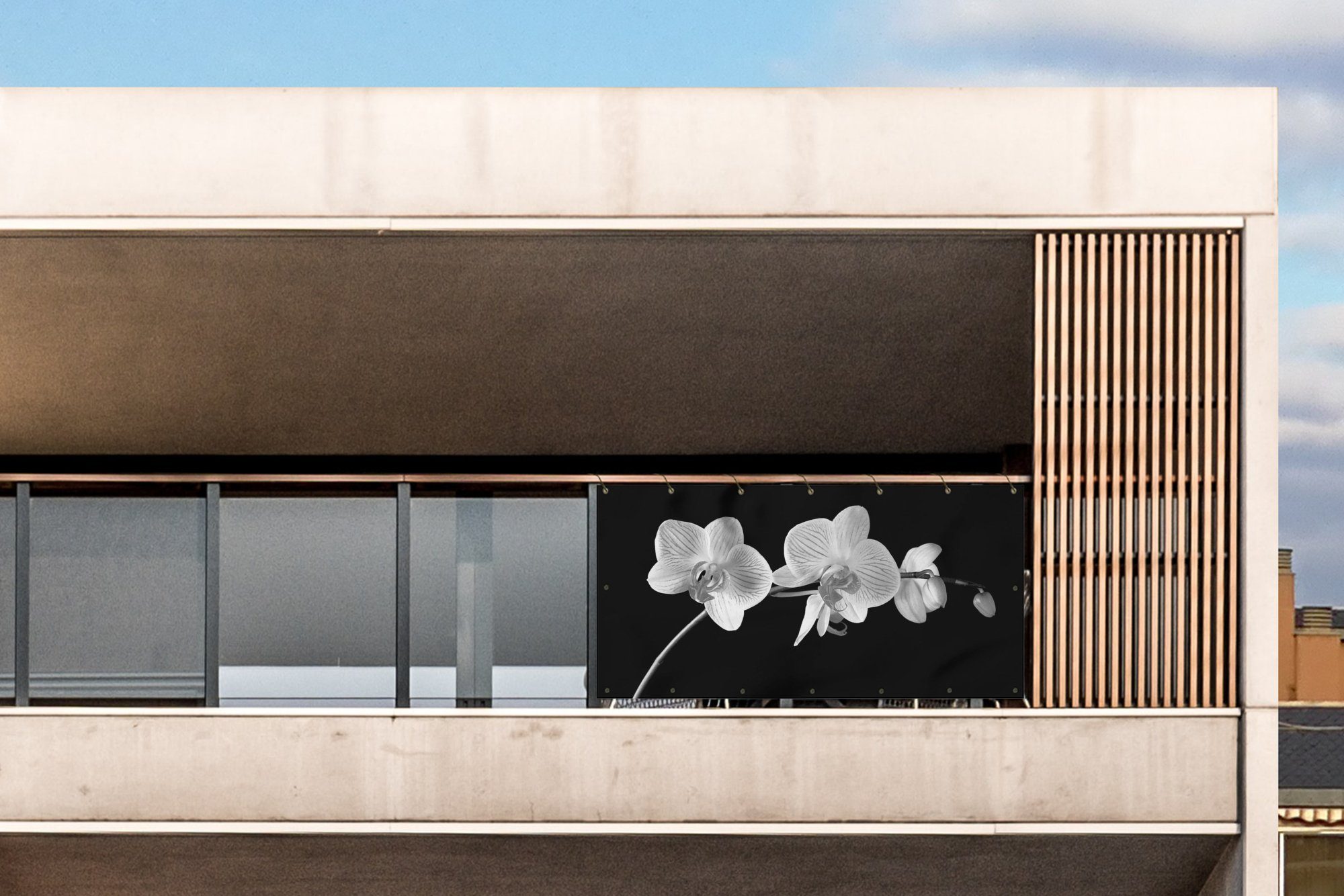 MuchoWow Balkonsichtschutz Orchidee - Blumen - Schwarz - Rosa - Knöpfe (1-St) Balkonbanner, Sichtschutz für den Balkon, Robustes und wetterfest