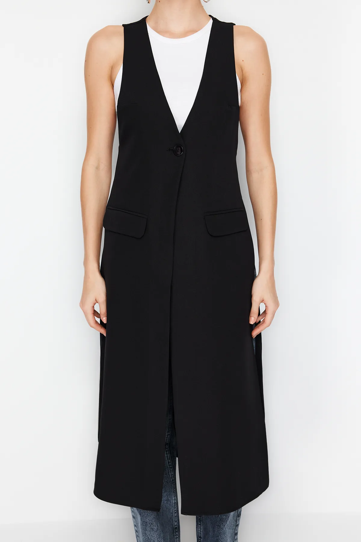 Trendyol Collection  Schwarze, taillierte, lange Weste TWOSS24YE00036
