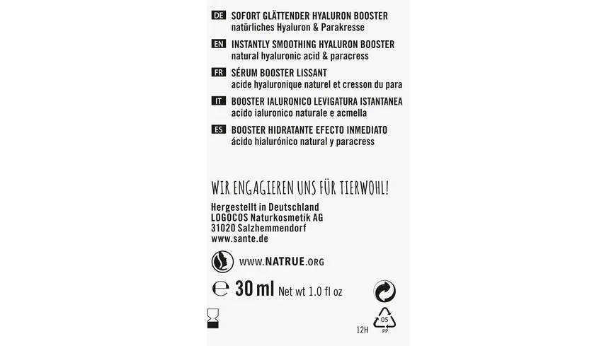 SANTE Sofort Glättender Hyaluron Booster Natürliches Hyaluron & Parakresse 30 ml