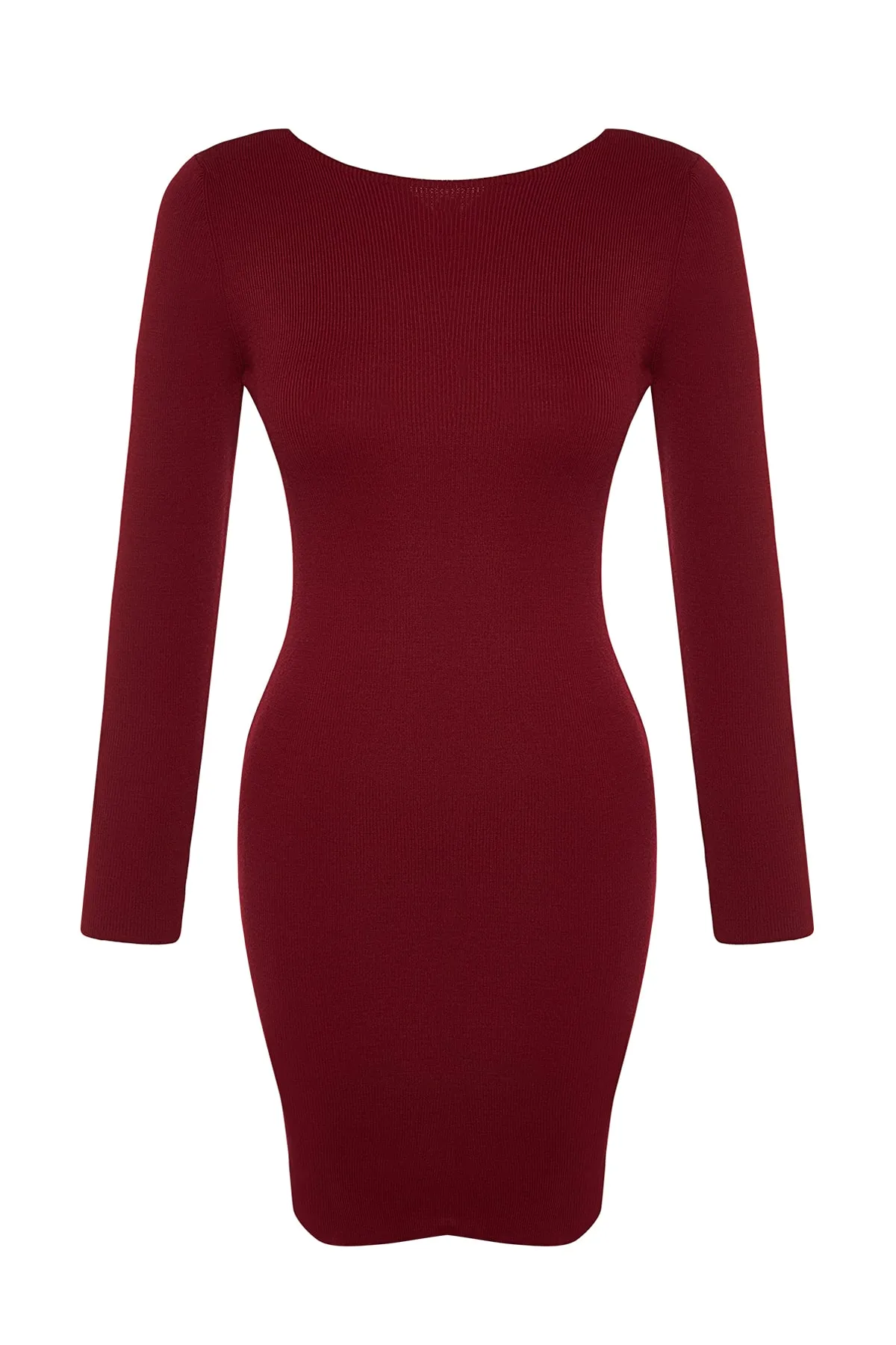 Trendyol Collection  Weinrotes, figurbetontes Mini-Strickkleid mit Rückendetail TWOAW24EL00089