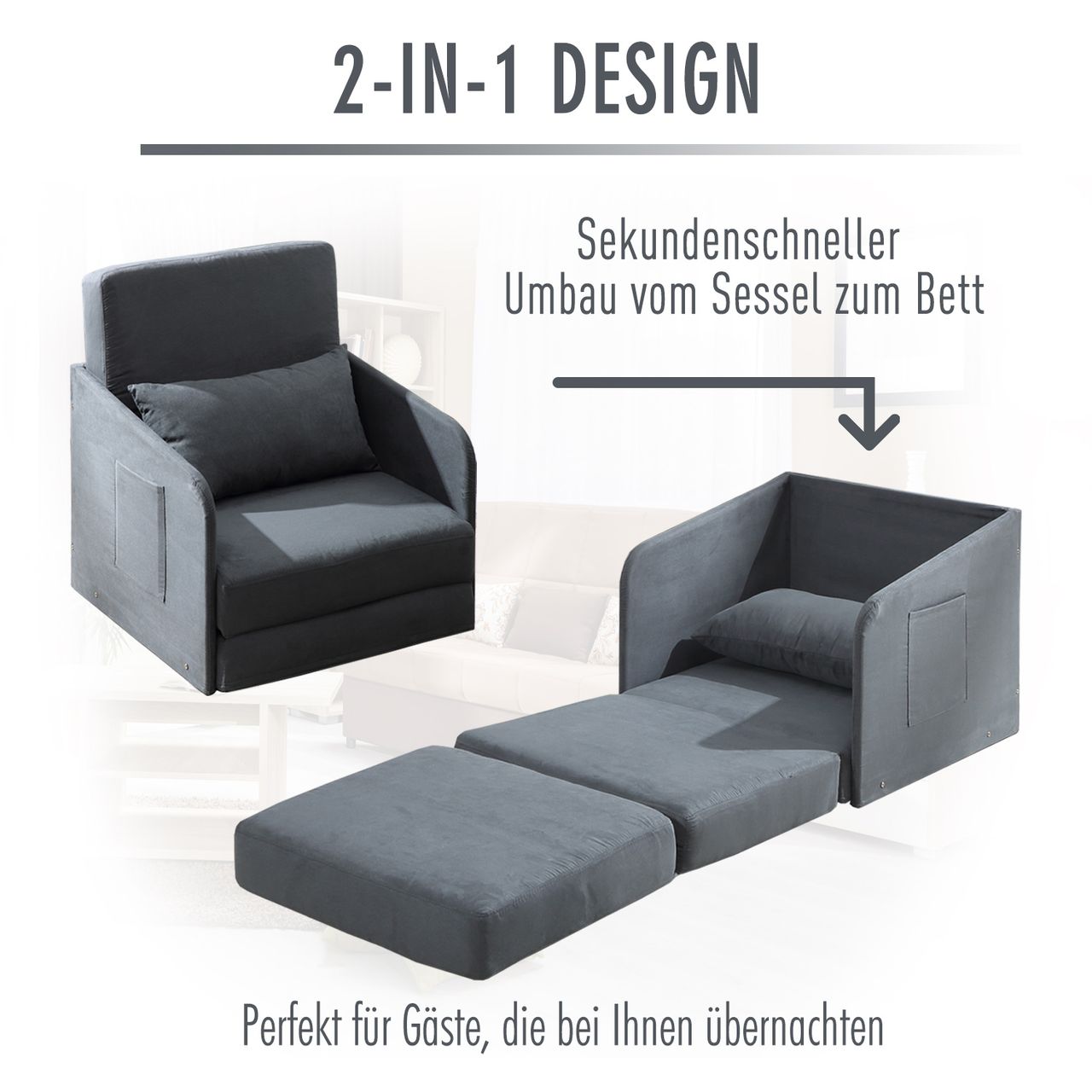 HOMCOM Schlafsofa Sofabett Einzelsofa Waschbarer Bezug 2 Seitentaschen Metall
